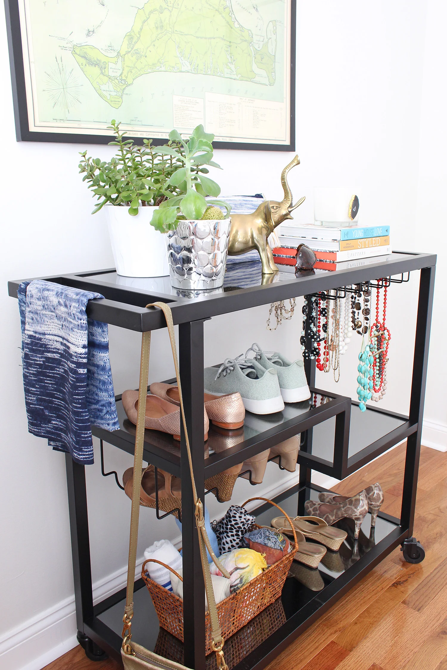 Bar carts are incredibly versatile! Style it up as a traditional drink station or use it in your bedroom for accessories. See both on the Mix & Match blog! // bar cart uses, bar cart setup, ways to use a bar cart, creative uses for a bar cart