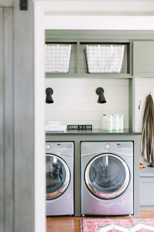 Laundry room shiplap // modern cottage laundry room // green cabinets laundry room
