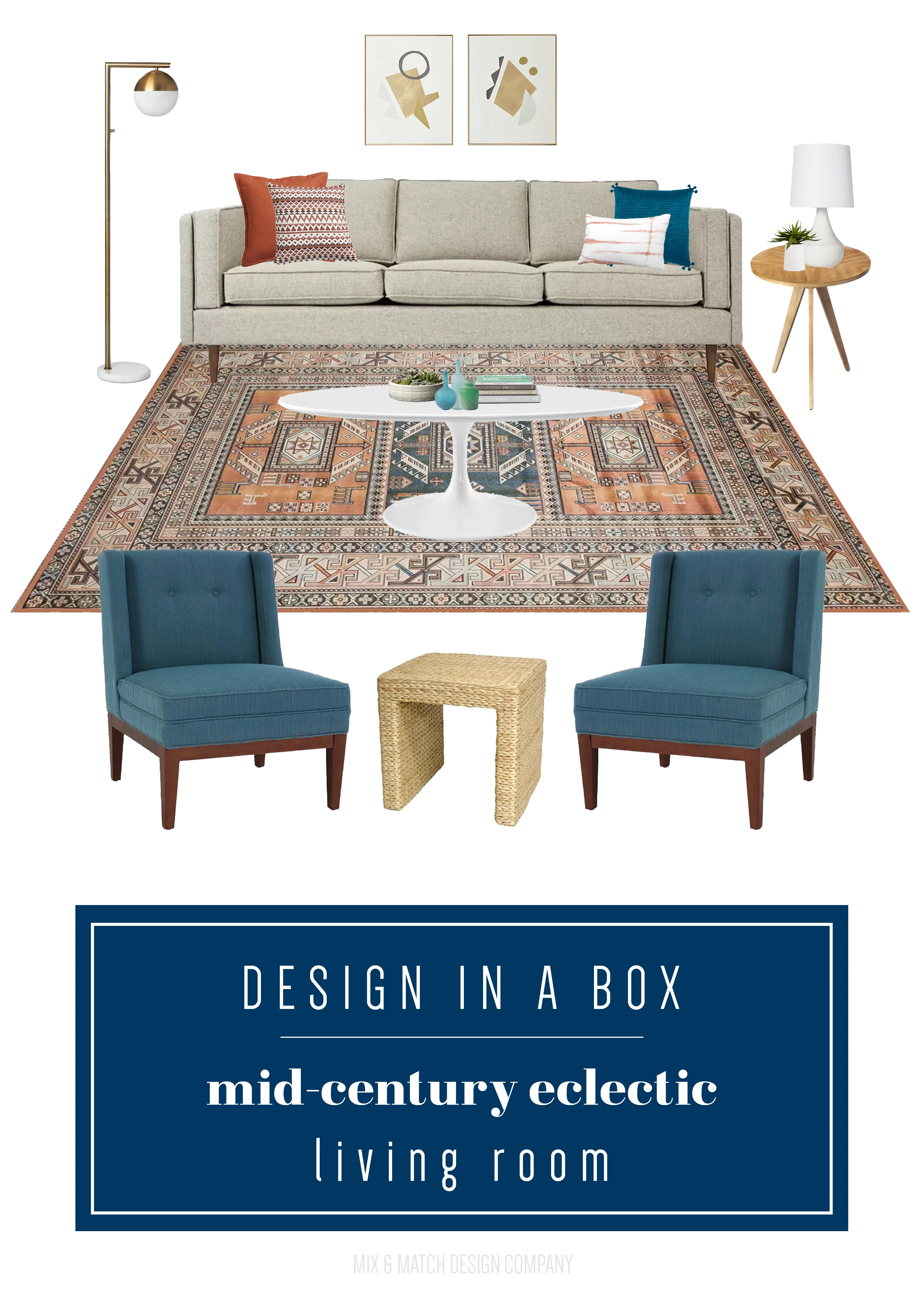 Through the Design In A Box series, you can get the sources for this look pulled together by an interior designer FOR FREE! This week it's a warm and inviting mid-century eclectic living room. || Mid-century living room, eclectic living room, persian rug, modern eclectic living room