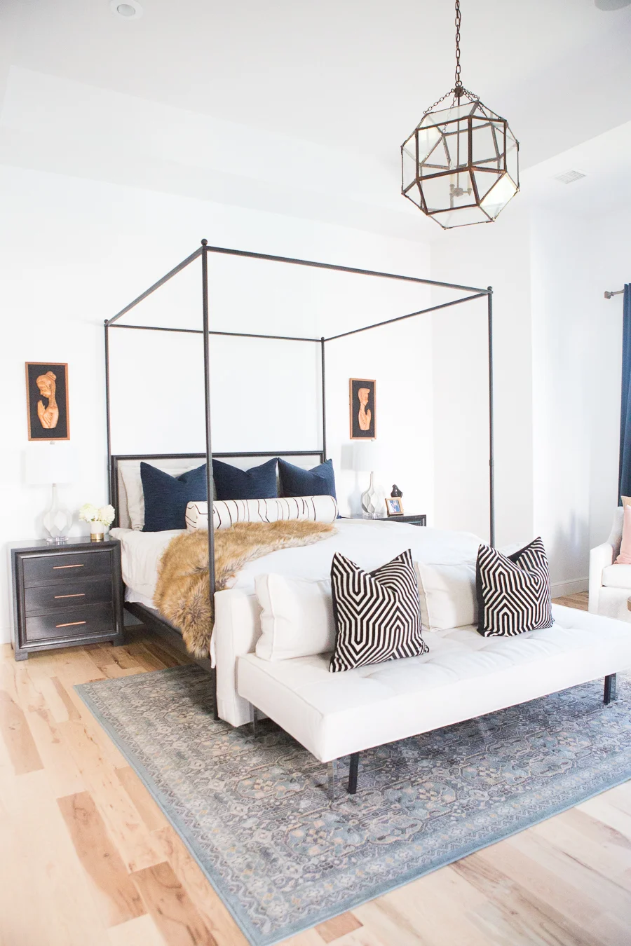 Modern preppy bedroom inspiration, navy black and white bedroom, canopy bed