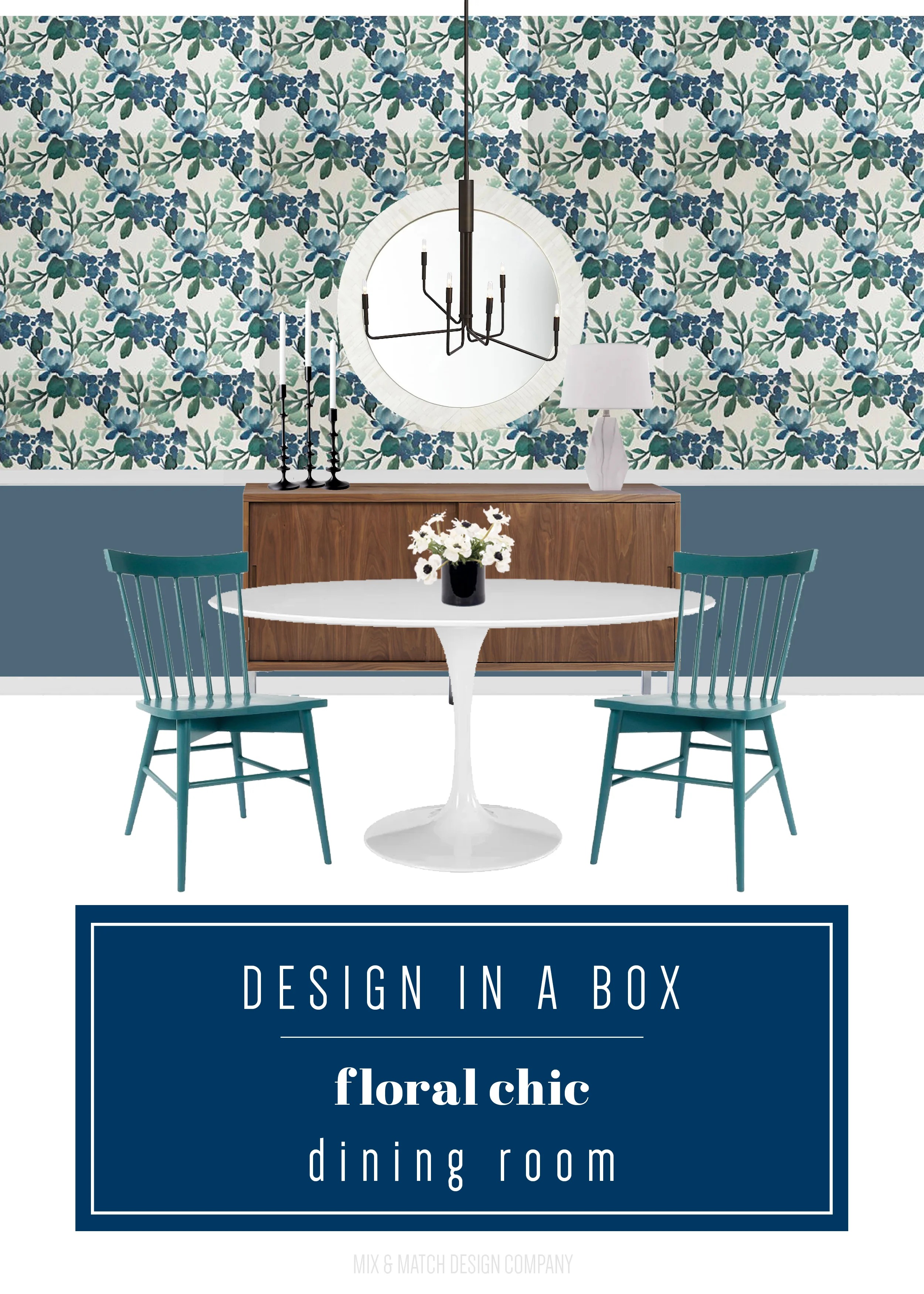 Through the Design In A Box series, you can get the sources for this look pulled together by an interior designer FOR FREE. This week it's a floral chic dining room with removable wallpaper! || blue green dining room, floral dining room, eclectic modern dining room, floral wallpaper, peel and stick wallpaper