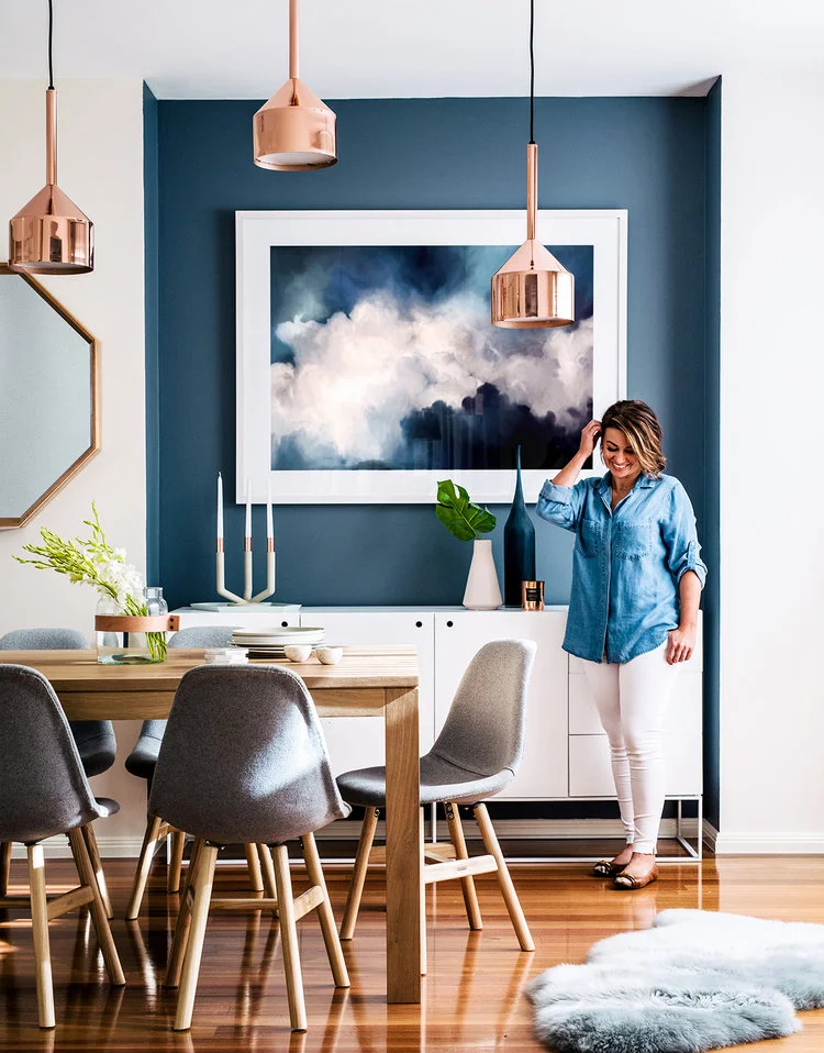 Modern blue and white dining room from Adore Magazine.
