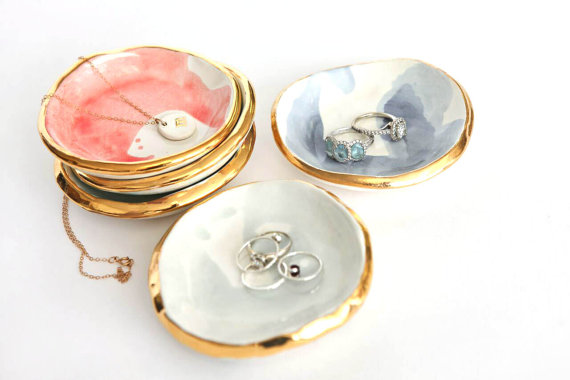 Shop small for Small Business Saturday! This post has a roundup of some of the best Etsy shops for home and decor. (ceramic ring dishes with gold edge from Susan Gordon Pottery)