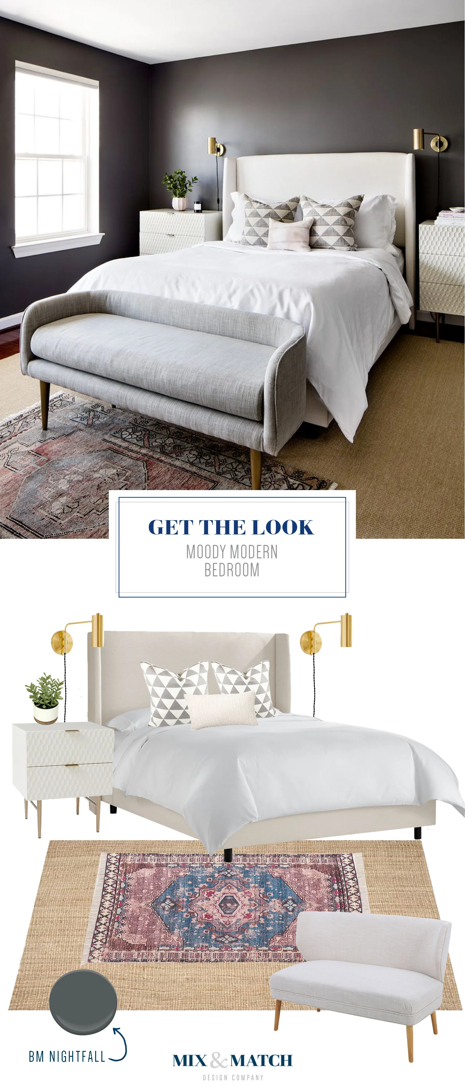 Get the look of this moody modern bedroom on the blog! / Mid-Century modern bedroom, dark walls bedroom, black walls bedroom, eclectic modern bedroom