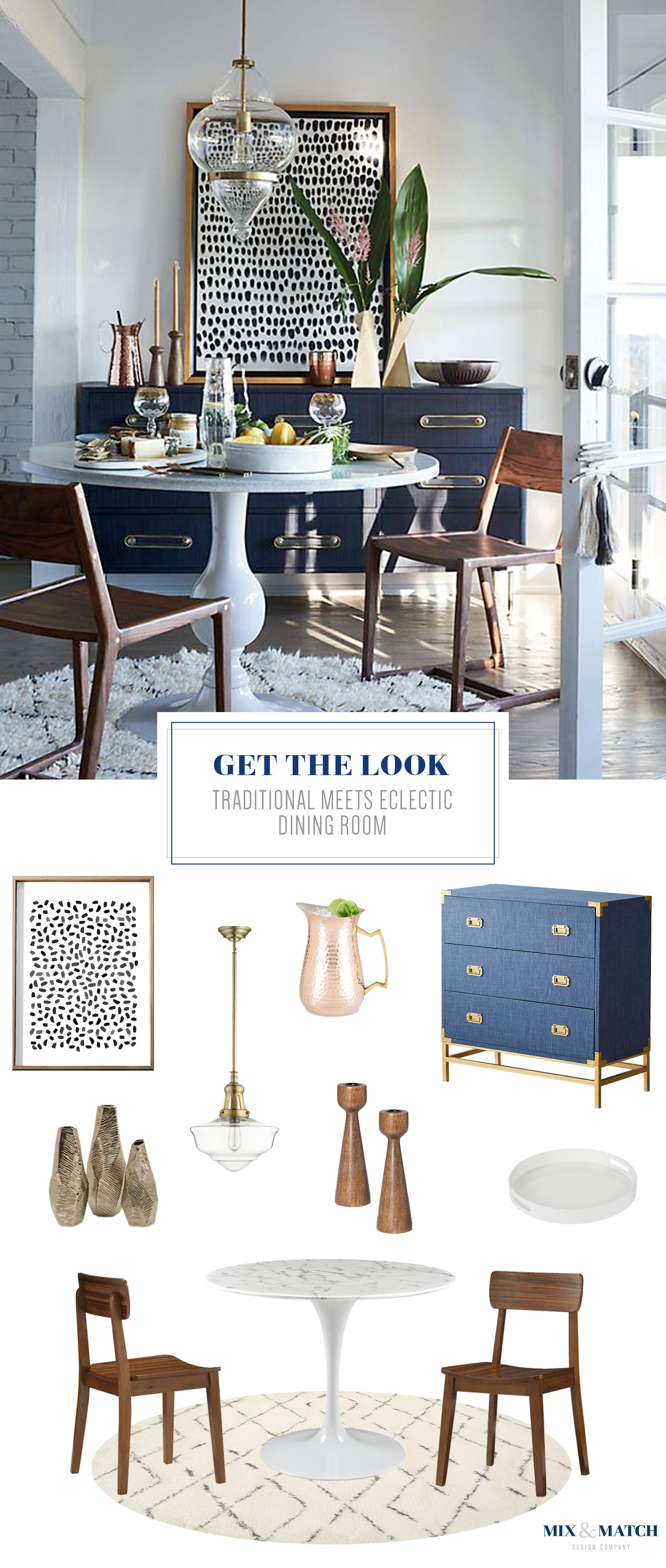 Get the look of this traditional meets eclectic dining room on the blog! / Find all the sources for these look-a-like pieces at mixandmatchdesign.com. Mid-century modern dining room, glam boho dining room, Anthropologie dining room, navy brass white dining room
