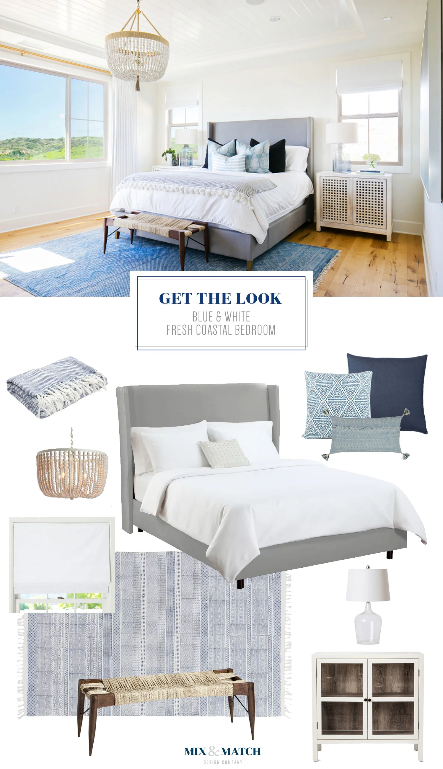 Get the look of this fabulous blue and white coastal bedroom on the blog! 