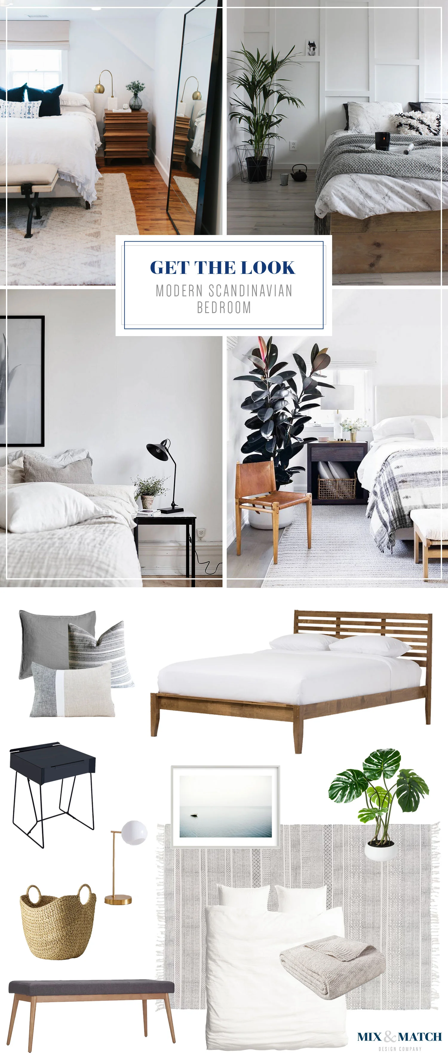 Modern meets Scandinavian in this calming neutral bedroom. Note the warm wood tones in the slatted bed and upholstered bench, the cozy linen bedding, and clean-lined furniture. Get the sources for all of these items over on the Mix & Match blog!