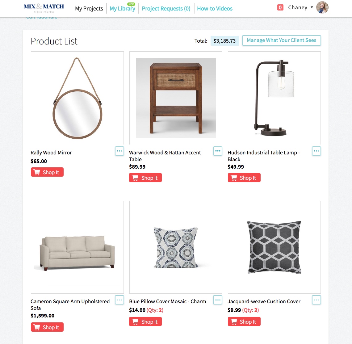 Example of a shopping list for an e-design client. (Designer: Mix & Match Design Company)