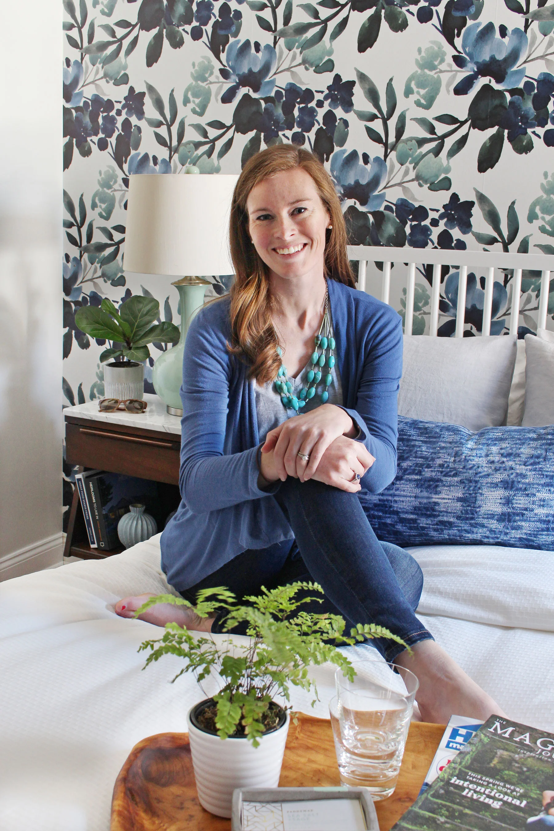 The big One Room Challenge reveal for my eclectic modern farmhouse guest bedroom is up on the blog! Come on over and see the blue-green floral wallpaper, my marble topped vintage nightstands, and my take on modernizing an antique dresser! || Design: Mix & Match Design Company
