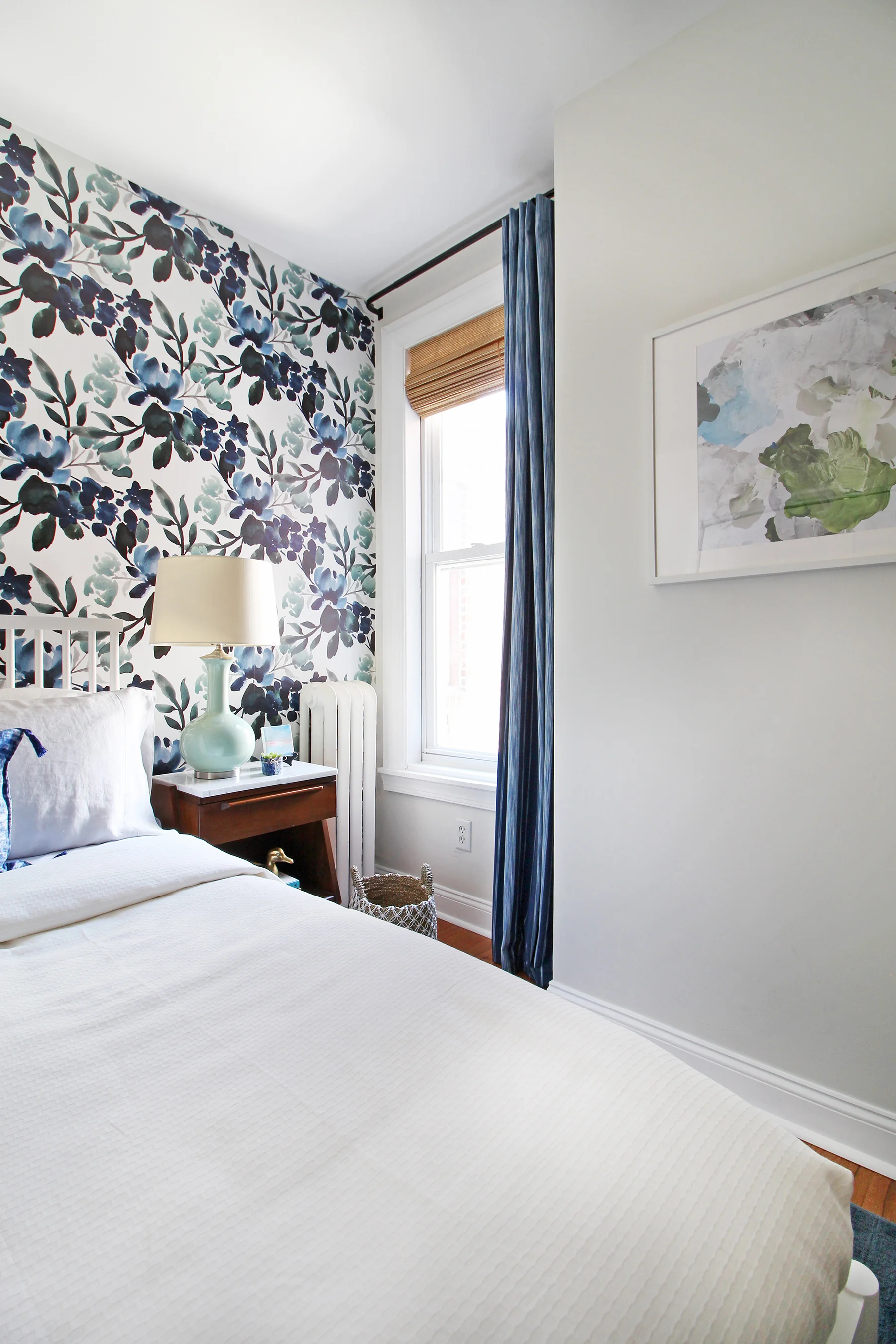 The big One Room Challenge reveal for my eclectic modern farmhouse guest bedroom is up on the blog! Come on over and see the blue-green floral wallpaper, my marble topped vintage nightstands, and my take on modernizing an antique dresser! || Design: Mix & Match Design Company