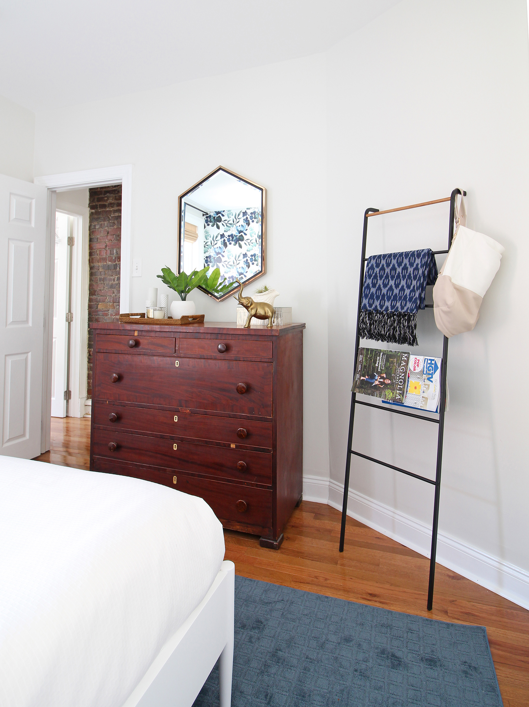 The big One Room Challenge reveal for my eclectic modern farmhouse guest bedroom is up on the blog! Come on over and see the blue-green floral wallpaper, my marble topped vintage nightstands, and my take on modernizing an antique dresser! || Design: Mix & Match Design Company