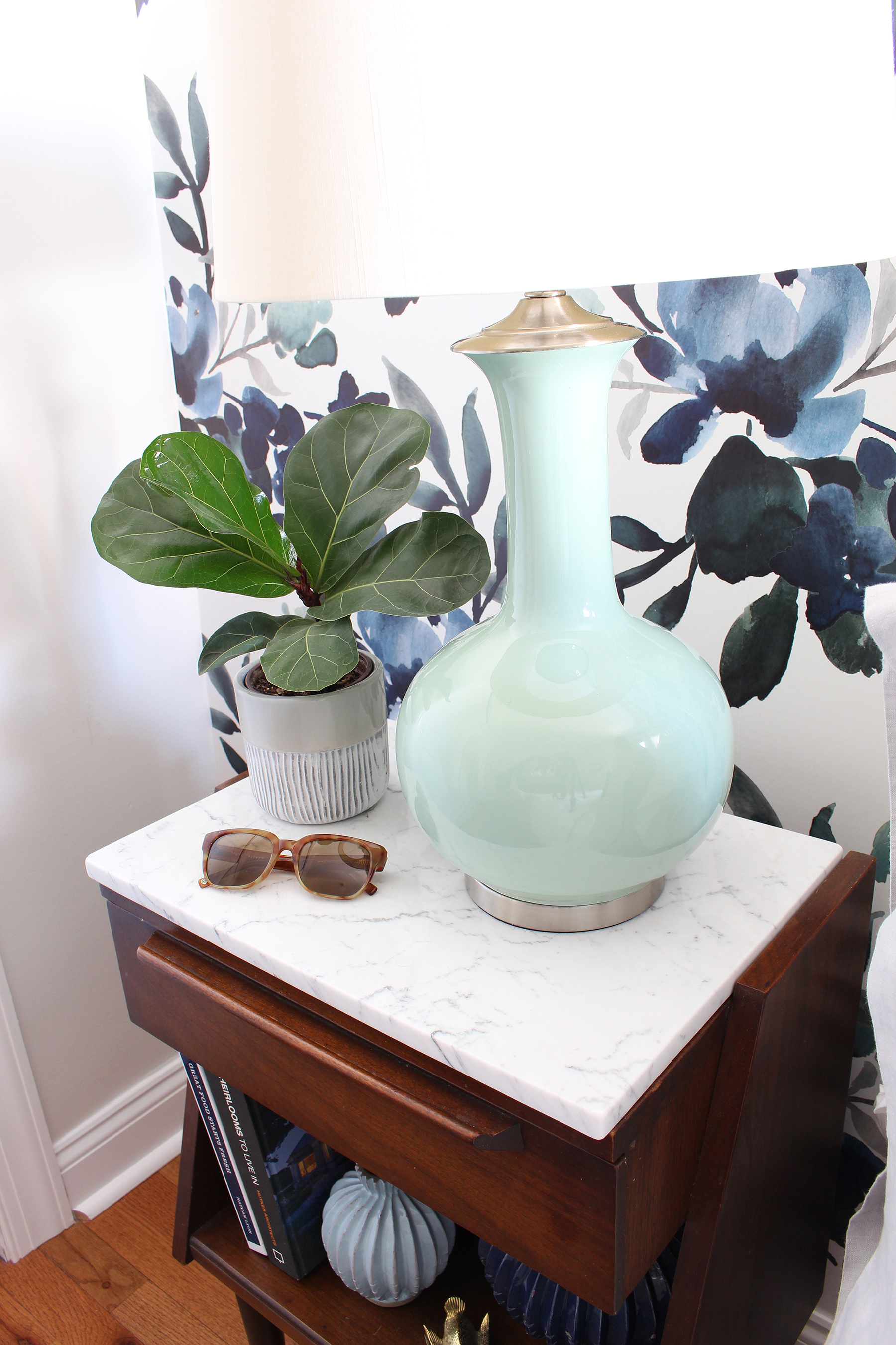The big One Room Challenge reveal for my eclectic modern farmhouse guest bedroom is up on the blog! Come on over and see the blue-green floral wallpaper, my marble topped vintage nightstands, and my take on modernizing an antique dresser! || Design: Mix & Match Design Company