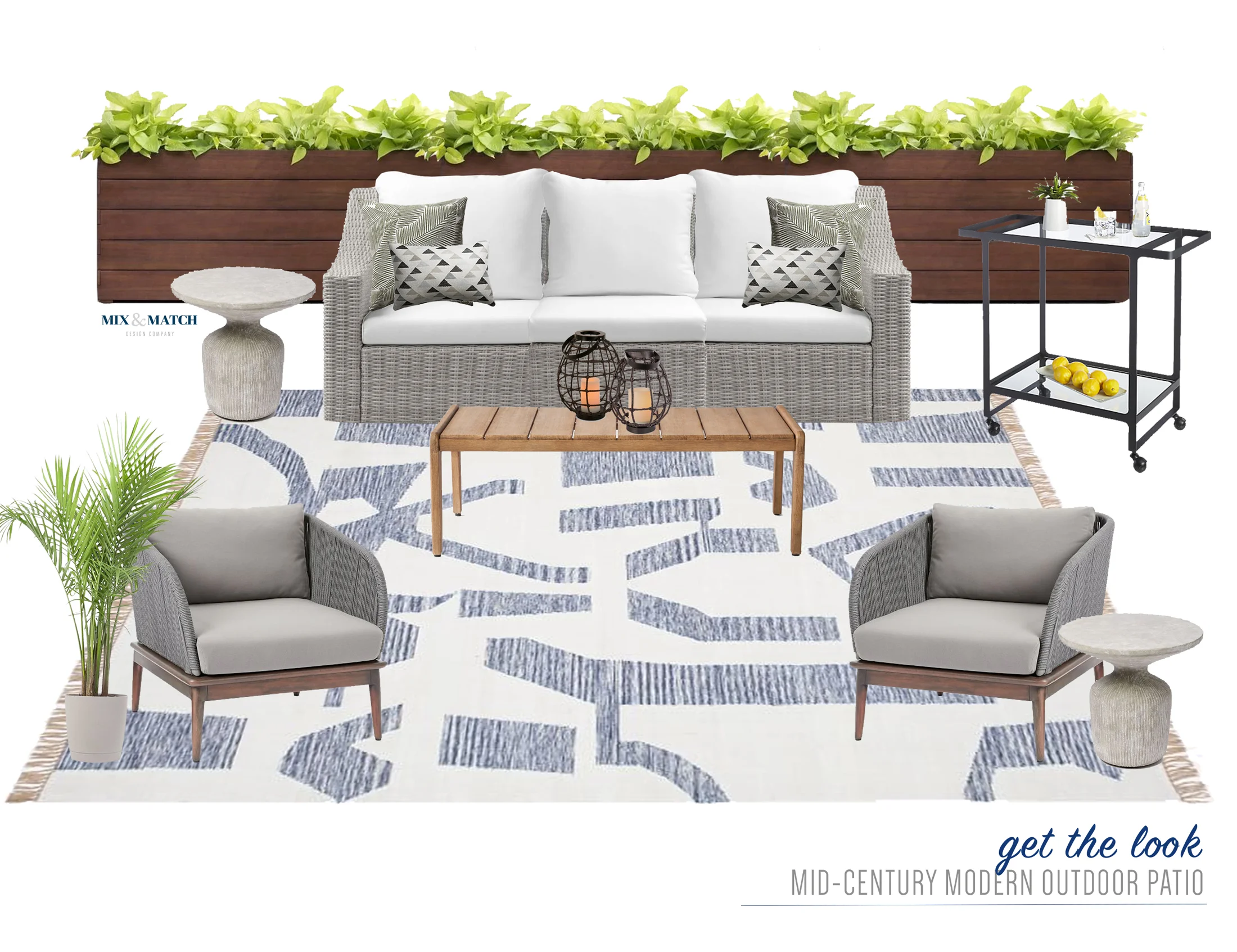 Get the look of this mid-century modern outdoor patio space! A mix of soft grays, natural wood tones, and modern lines make for a cozy, inviting outdoor living room. Add some plants to finish it off!