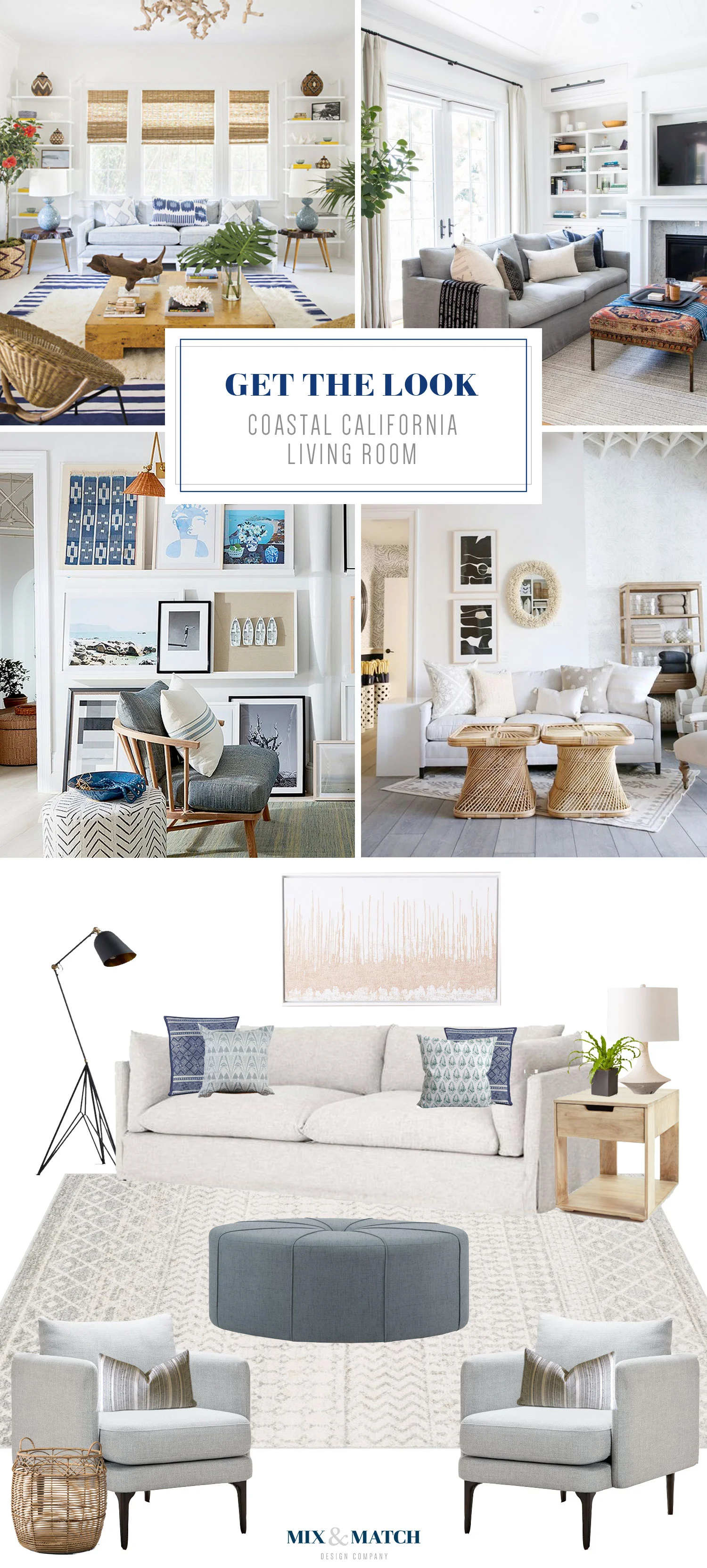 Get the look of this coastal California living room on the Mix & Match Design Company Blog. This neutral living room with slipcovered sofa, modern gray accent chairs, and natural wood accents feels laid back and casual.