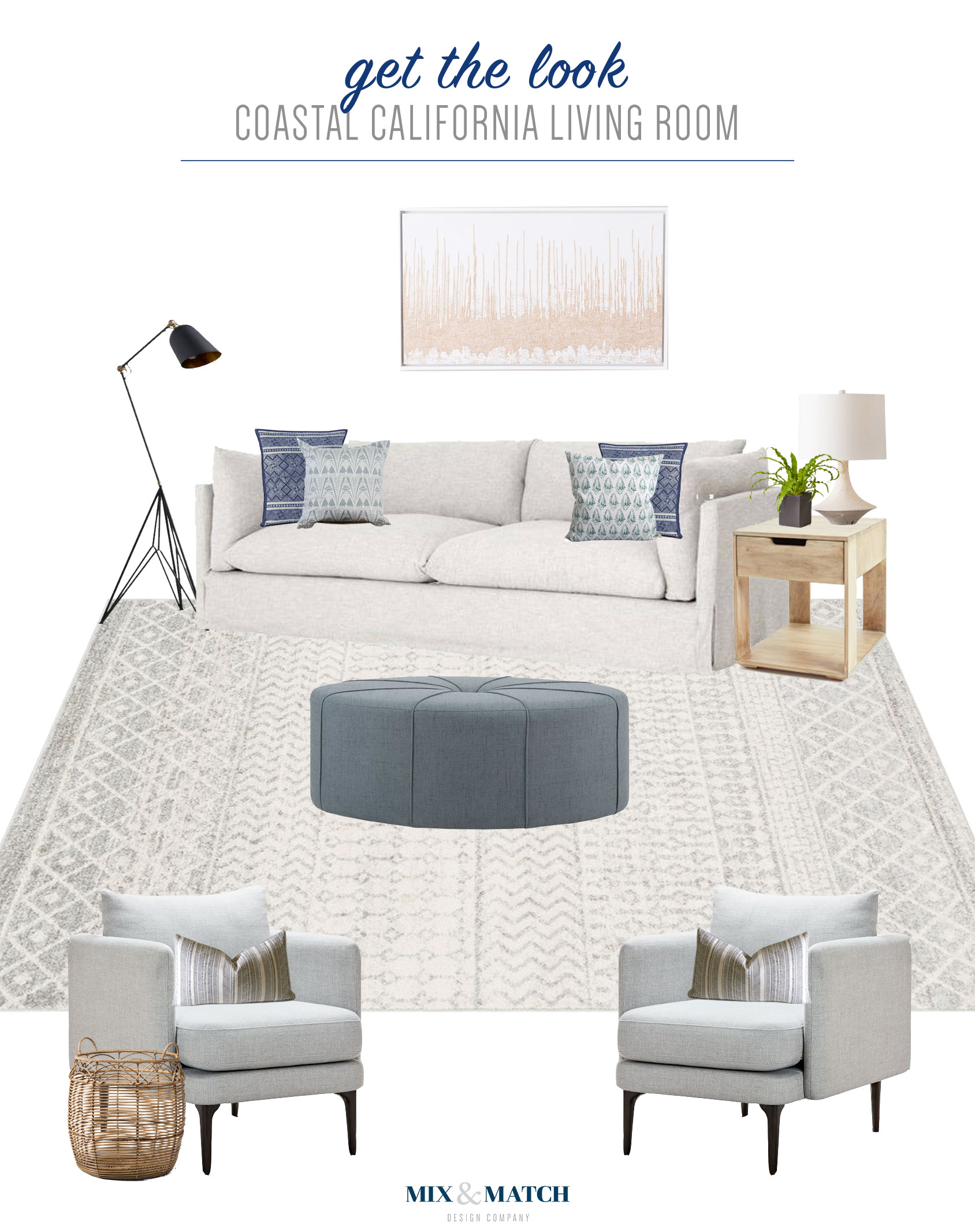 Get the look of this coastal California living room on the Mix & Match Design Company Blog. This neutral living room with slipcovered sofa, modern gray accent chairs, and natural wood accents feels laid back and casual.