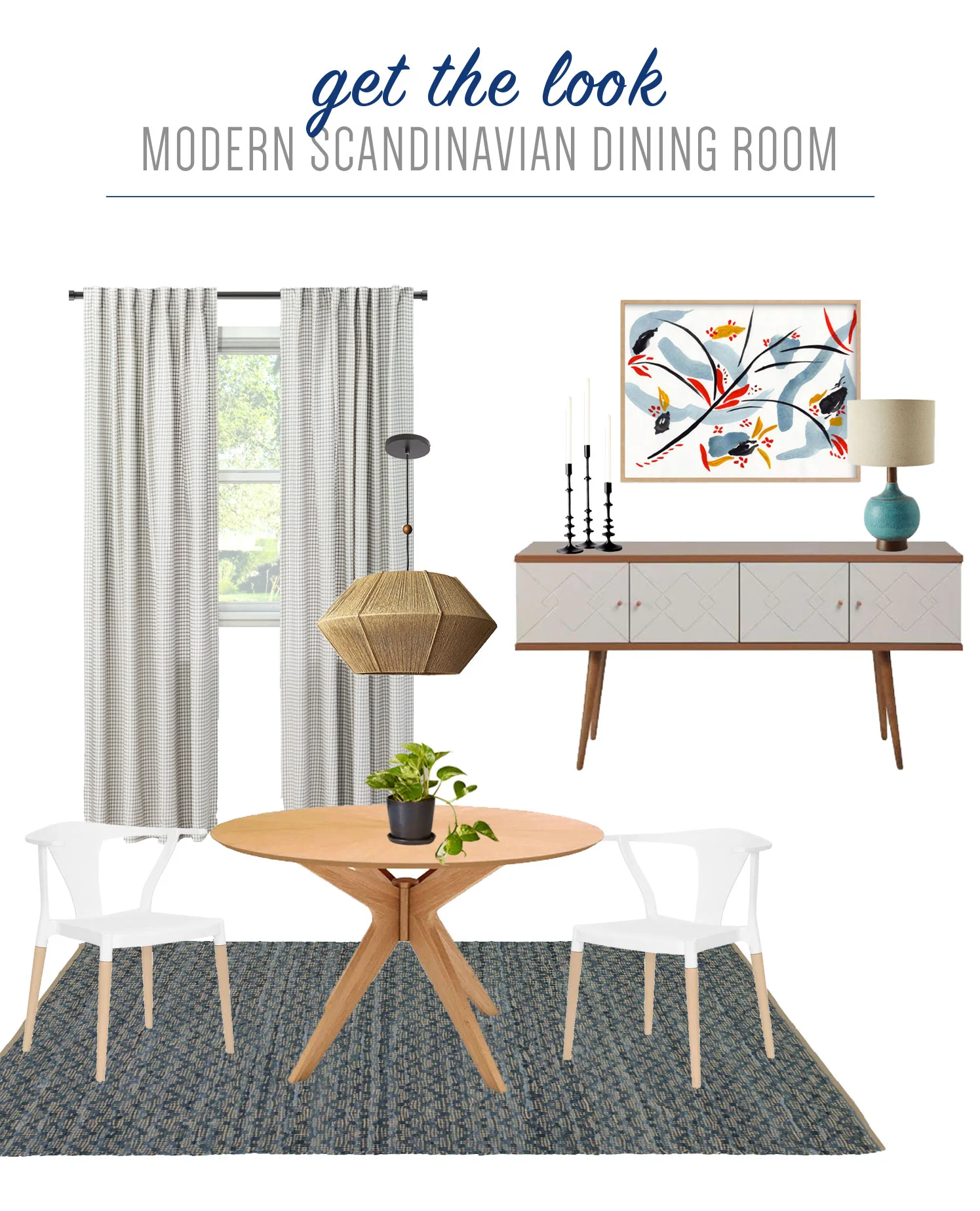 Get the look of this small scale modern Scandinavian dining room on the Mix & Match Design Company Blog. This minimalist dining room with clean lines, light wood accents, and a round dining table feels laid back and casual.