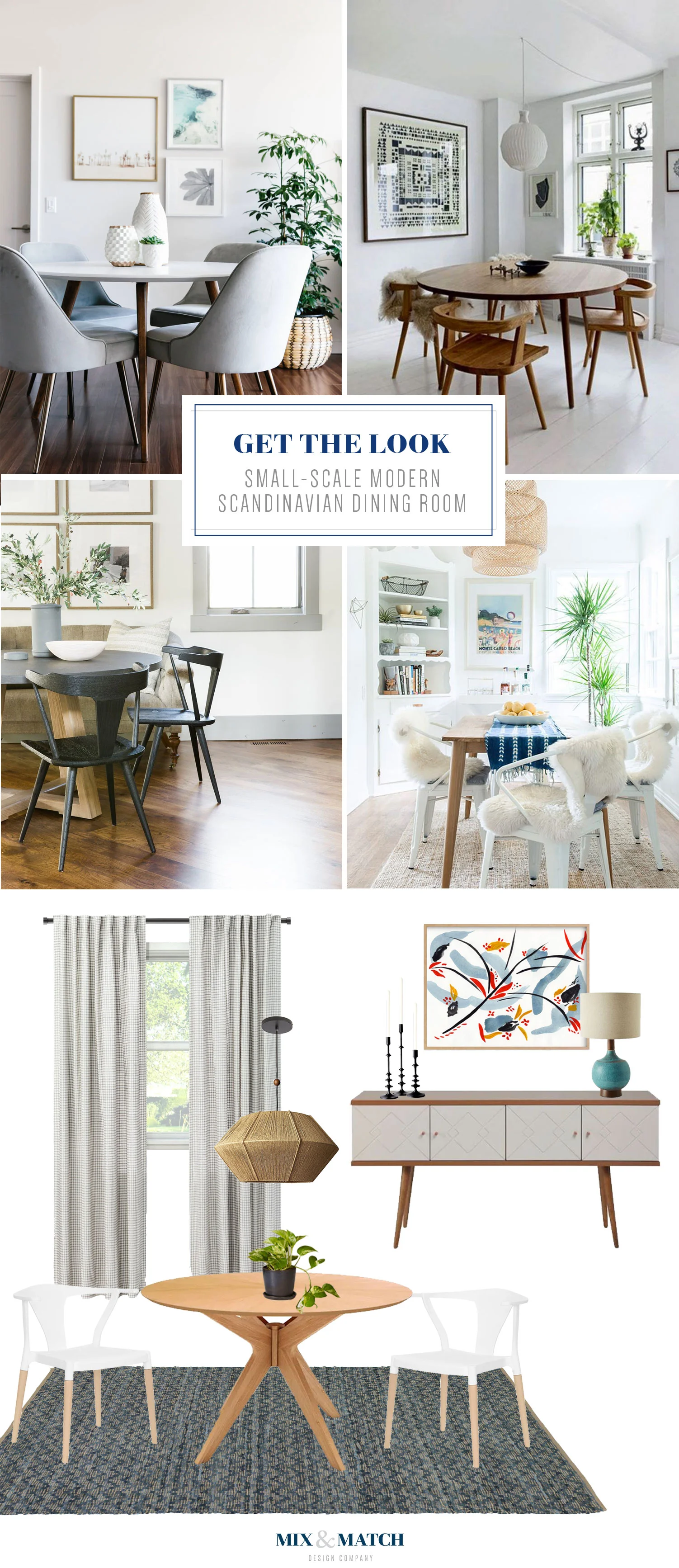 Get the look of this small scale modern Scandinavian dining room on the Mix & Match Design Company Blog. This minimalist dining room with clean lines, light wood accents, and a round dining table feels laid back and casual.