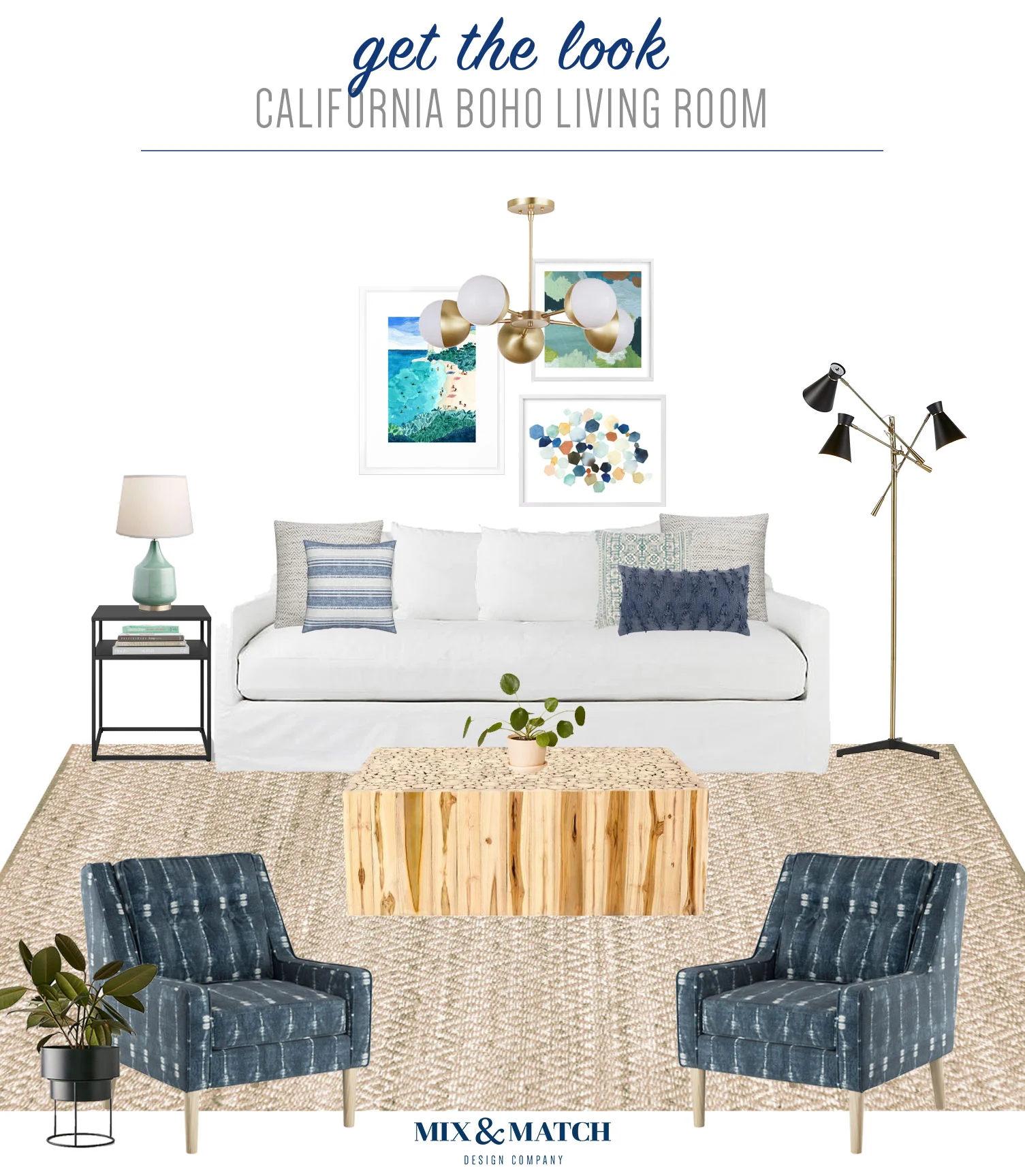 Get the look of this California Boho living room over on the Mix & Match blog! This coastal modern decorating style has a light and airy, yet cozy feel. 