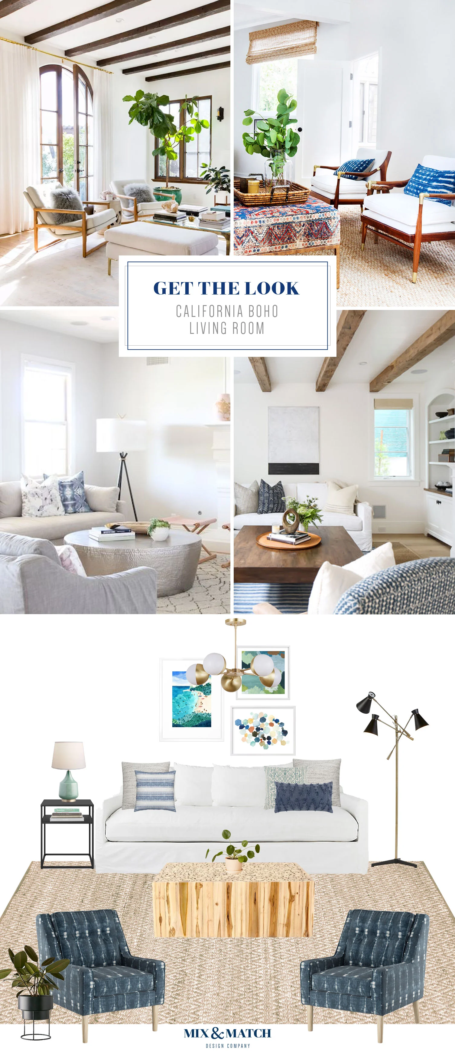 Get the look of this California Boho living room over on the Mix & Match blog! This coastal modern decorating style has a light and airy, yet cozy feel. 