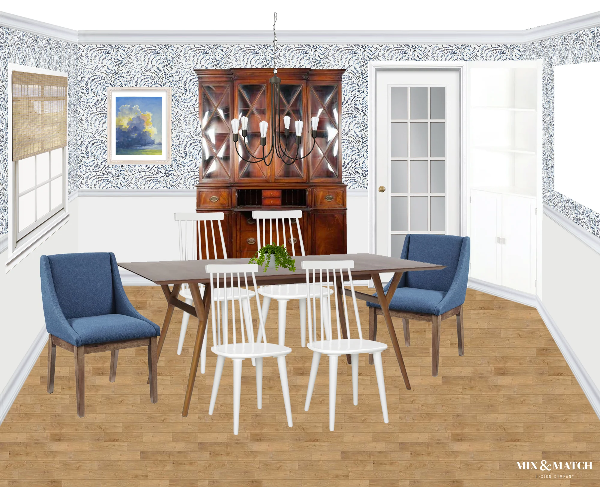 This new traditional dining room designed by Mix & Match Design Company honors the classic architecture of this colonial home, but gives is a fresh feel with clean lined furniture and a blue botanical wallpaper above the wainscoting. // #edesign #newtraditional #diningroom
