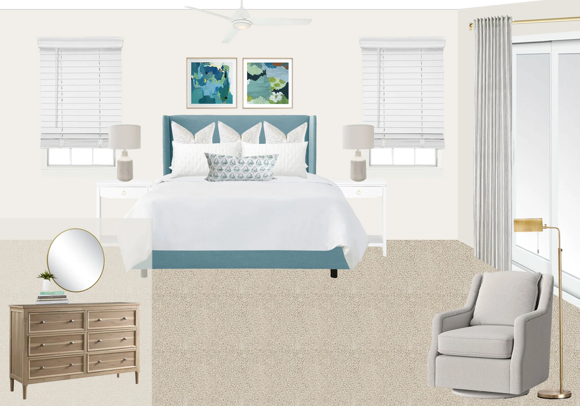 “Tailored Coastal” bedroom design for a beach house in Corolla, North Carolina by Mix & Match Design Company. The blue upholstered bed pops against the off-white walls and the light wood dresser gives it a subtle beachy vibe.