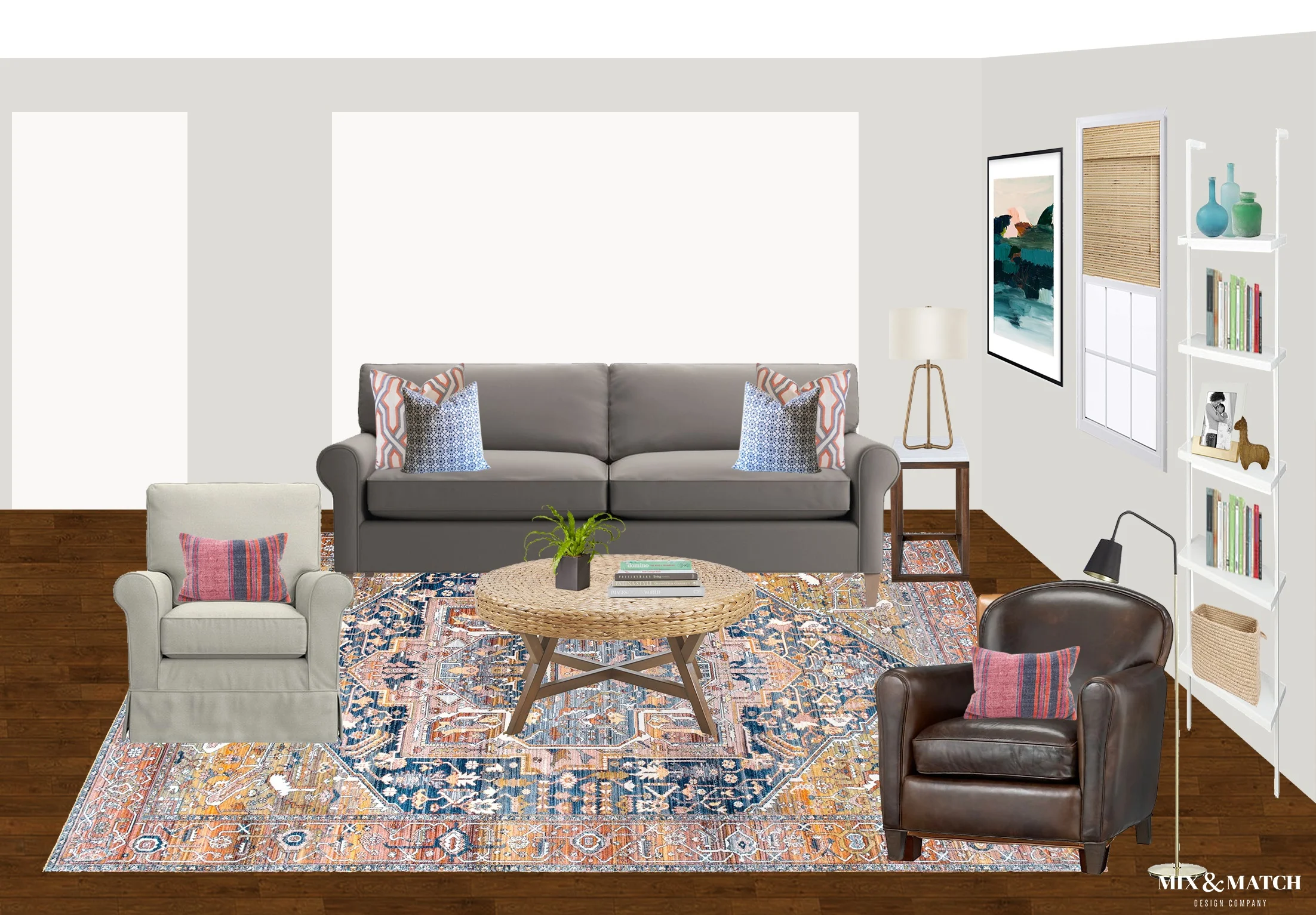 Are you redecorating your home in 2019? Let’s chat! My approachable and affordable e-design packages might be just the right fit. Get the design help you need from Mix & Match Design Company’s virtual interior design services and turn your home into a space you love! // eclectic transitional living room, boho transitional living room, vintage style rug living room