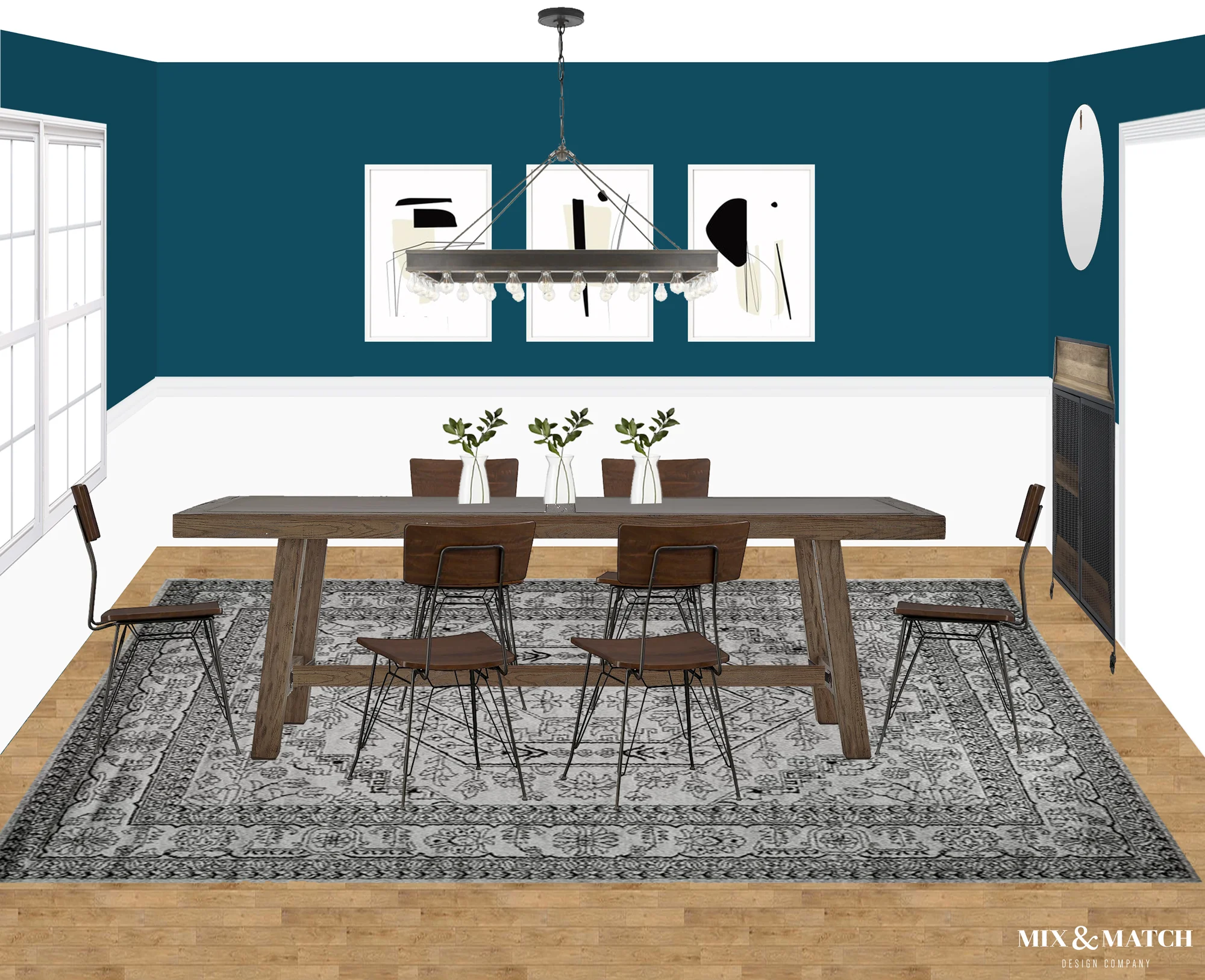 Are you redecorating your home in 2019? Let’s chat! My approachable and affordable e-design packages might be just the right fit. Get the design help you need from Mix & Match Design Company’s virtual interior design services and turn your home into a space you love! // industrial dining room, industrial modern dining room, blue dining room