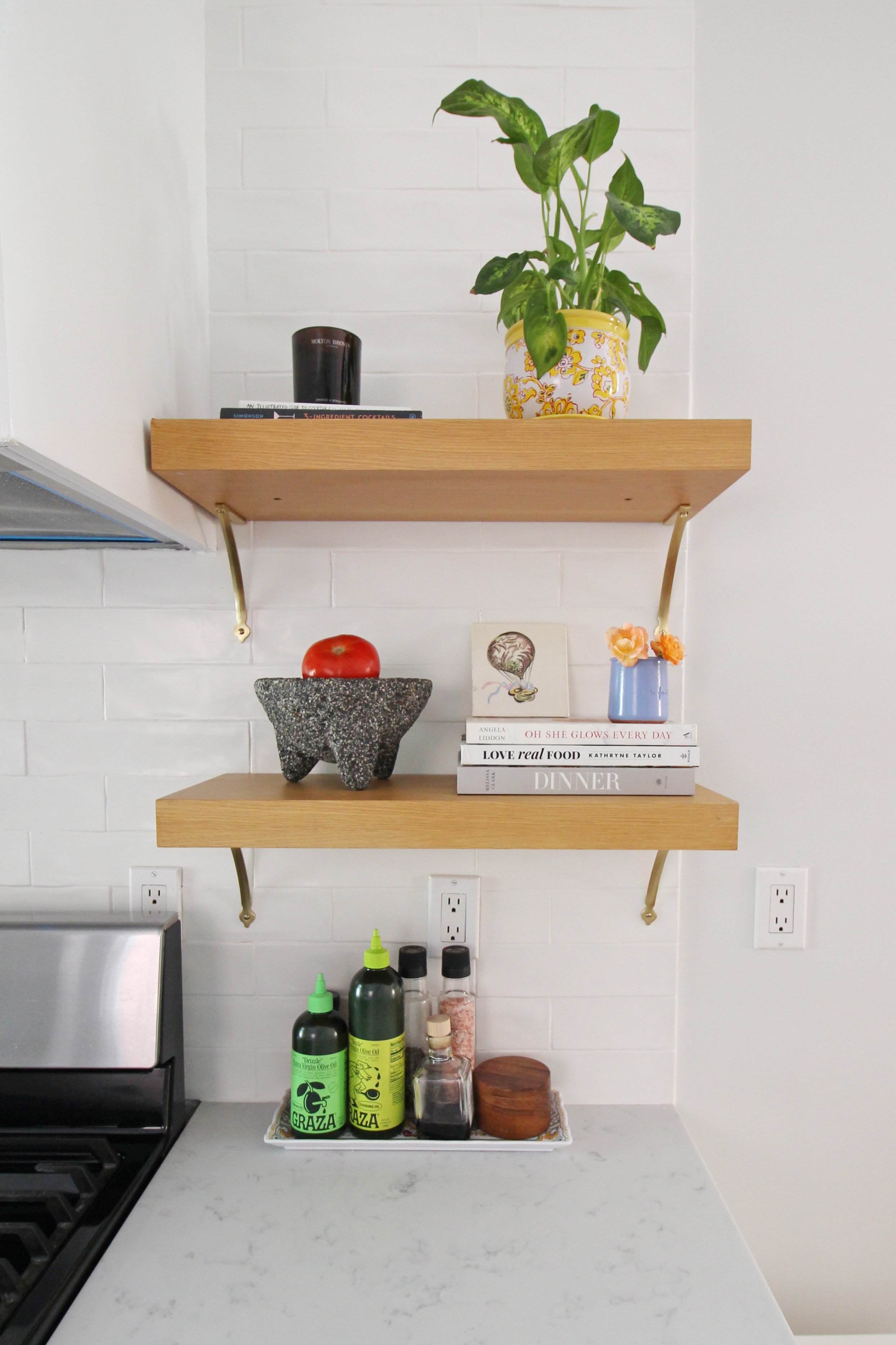 Brass and Marble Shelf Over Kitchen Sink - Transitional - Kitchen