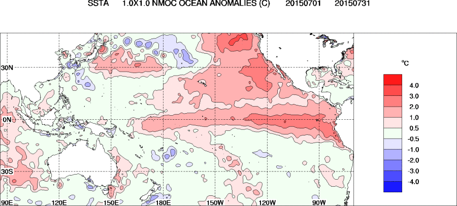 A map of sea surface temperature anomalies for the past month showing a strong El Niño taking hold in the Eastern Pacific. Some areas are experiencing temperatures more than 3 degrees Celsius above the mean.