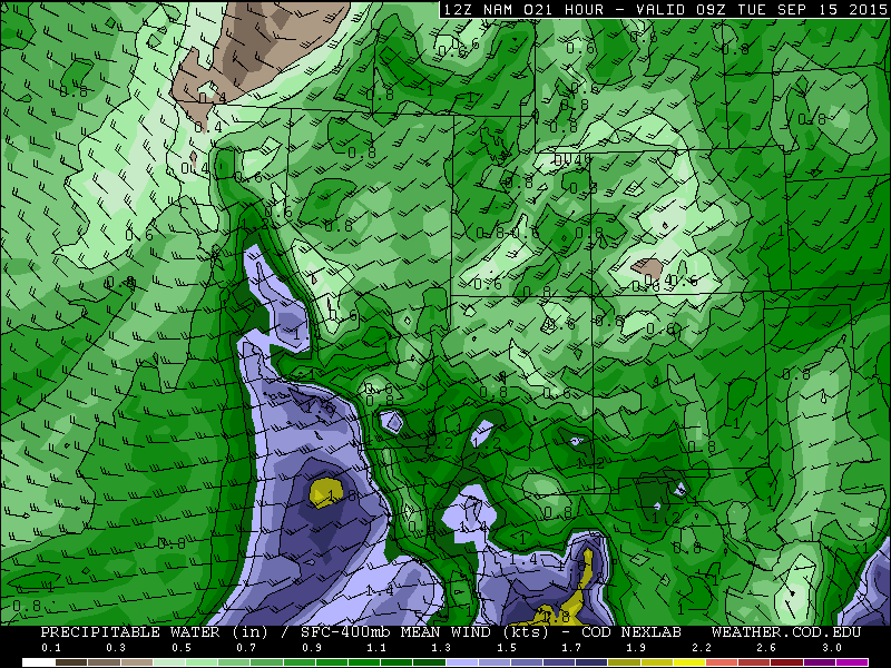 Precipitation Water (PWAT) forecast for 1am Tuesday, September 15
