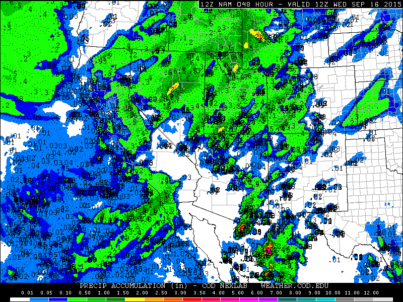 Forecast total precipitation for the 48 hours ending 4am Wednesday. (Model = NAM/WRF)