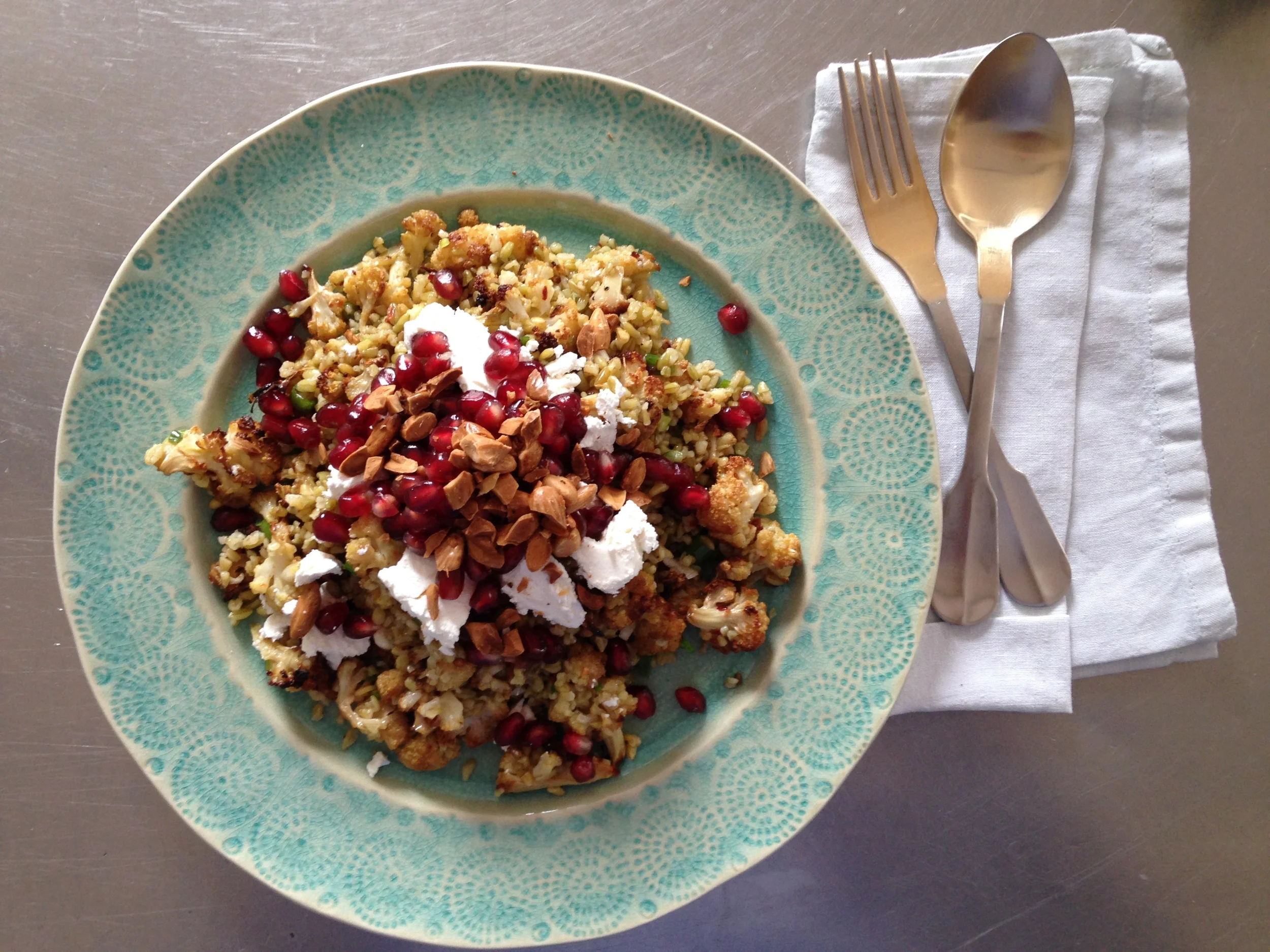 Freekah salad with roasted cauliflower. Autocorrect prefers freaky. 