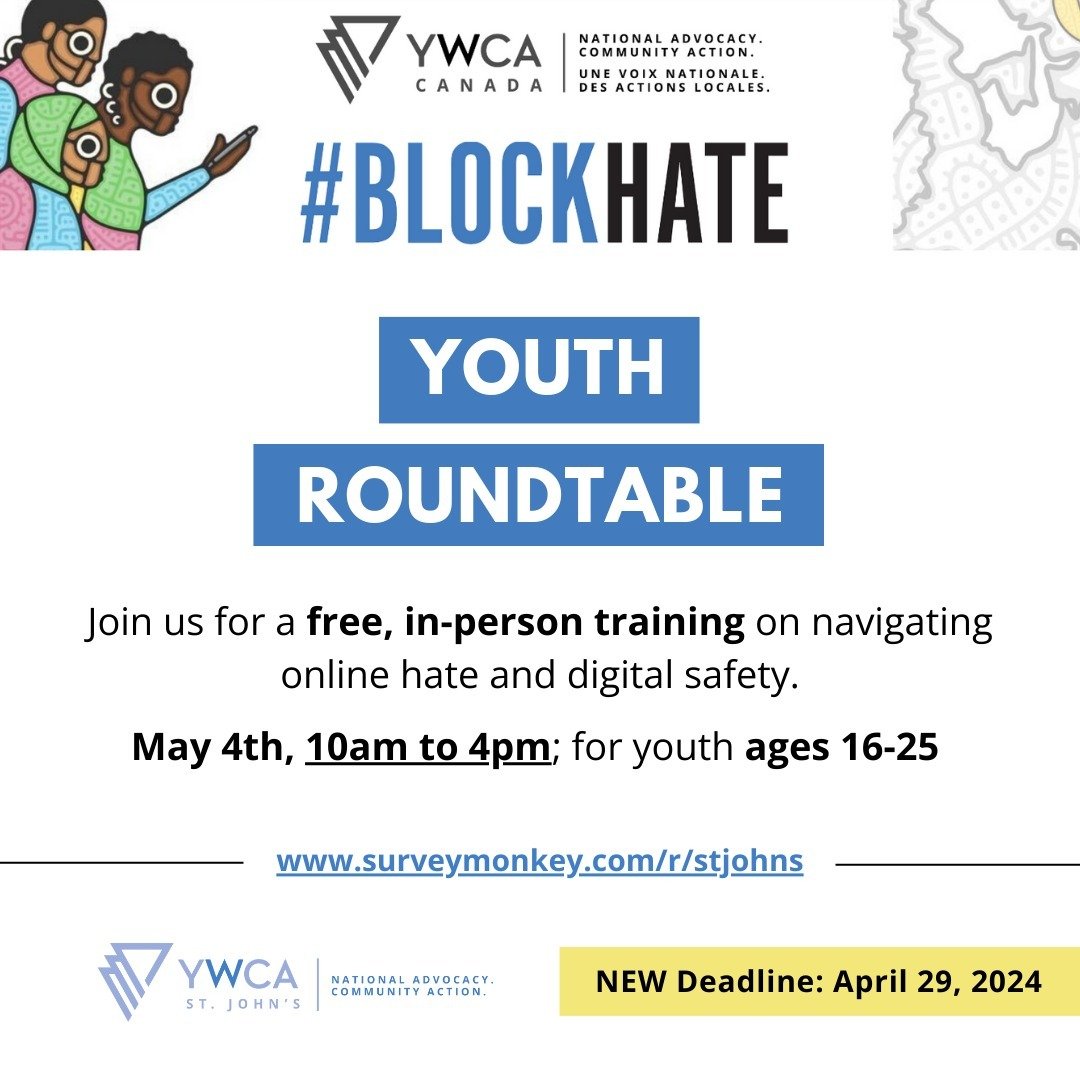 Deadline Extended! 📣

If you (or someone you know) are concerned about the state of online violence in our increasingly technological world, then this event is for you!

Through a series of workshops led by @ywcacanada, participants will learn to re