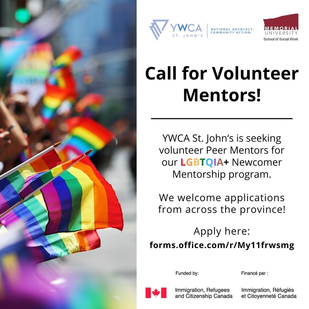Call for Volunteer Mentors 📣

YWCA St. John's is seeking volunteer Peer Mentors to support our Mentorship Program for LGBTQIA+ Newcomers. 🏳️&zwj;🌈🏳️&zwj;⚧️

This program matches participants with an established community member or long-term immig