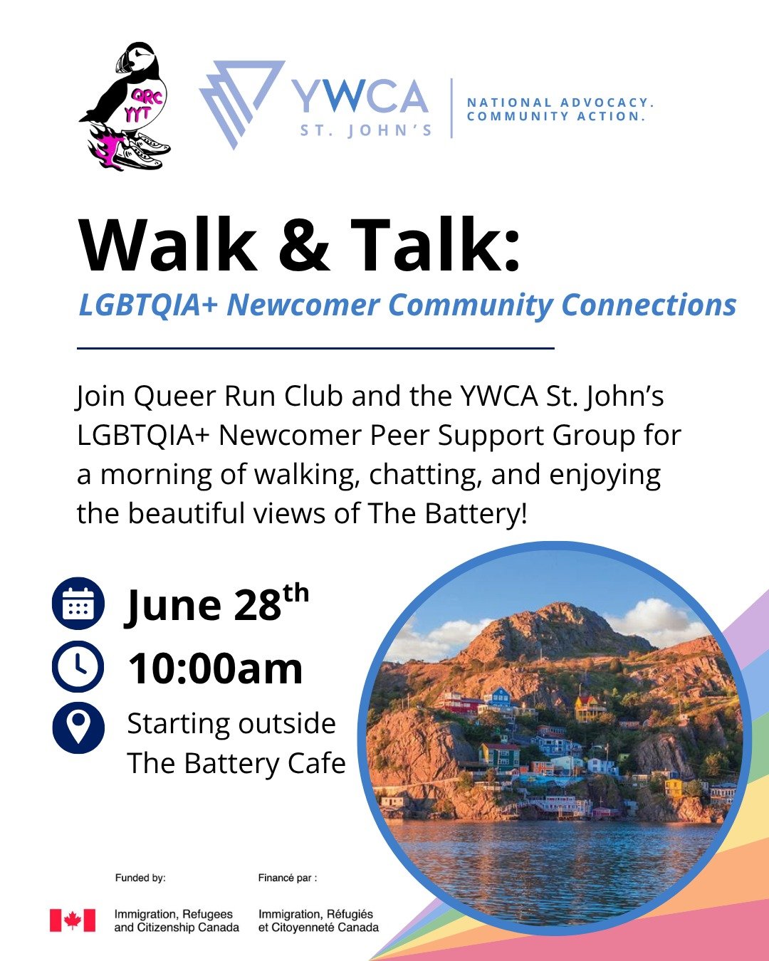 🌈 Join Queer Run Club and the YWCA St. John’s LGBTQIA+ Newcomer Peer Support Group for a morning of walking, chatting, and enjoying the beautiful views of The Battery!
🤝 This collaboration will create a space for LGBTQIA+ immigrants and refu