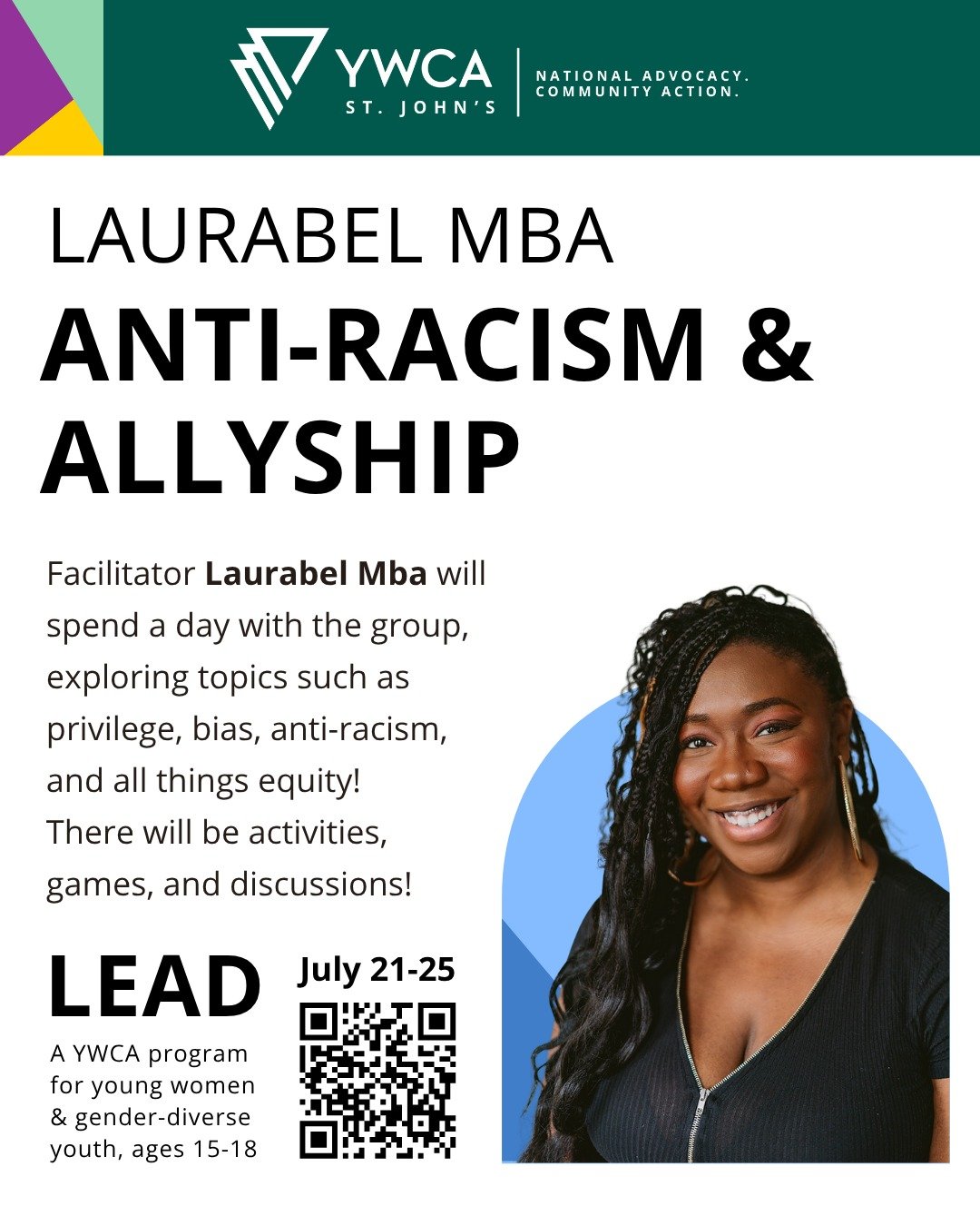 YWCA St. John’s is thrilled to welcome back Laurabel Mba as one of our guest facilitators at L.E.A.D 2025!
L.E.A.D is a 5-day YWCA leadership program for young women and gender-diverse youth, ages 15-18. Laurabel will spend a day with the gro