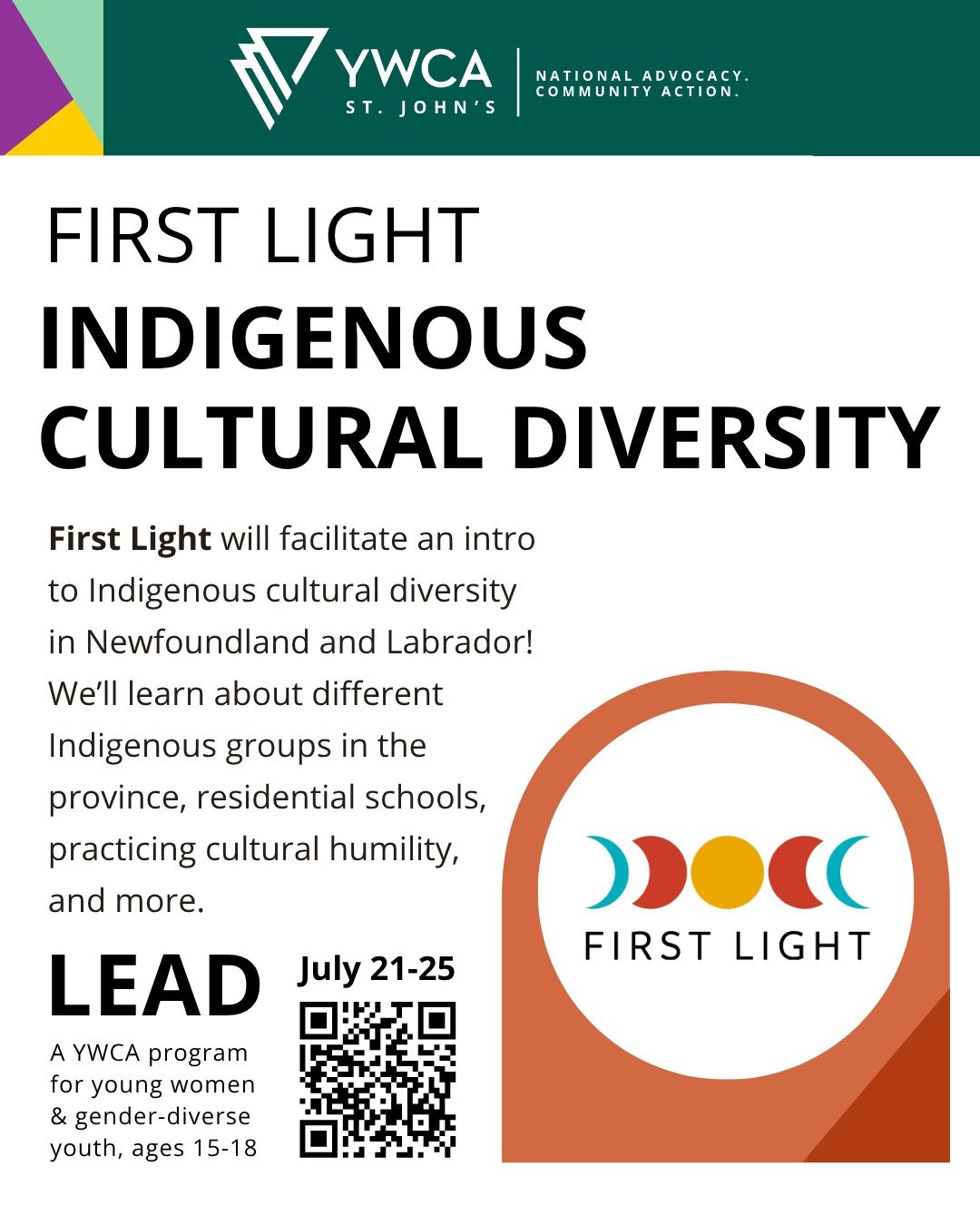 YWCA St. John's is excited to announce First Light as a returning presenter at L.E.A.D, our a 5-day leadership program for young women and gender-diverse youth, ages 15-18!
@firstlightnl will facilitate an intro to Indigenous cultural diversity in N