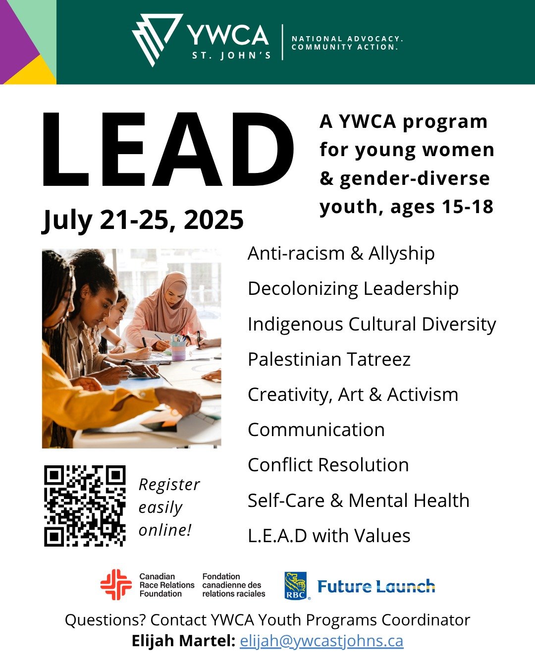 There's still time to sign up for L.E.A.D 2025! 📢
L.E.A.D is a 5-day YWCA leadership program for young women and gender-diverse youth, ages 15-18. You'll meet inspiring community change-makers, connect with peers, and learn about anti-racism and cu