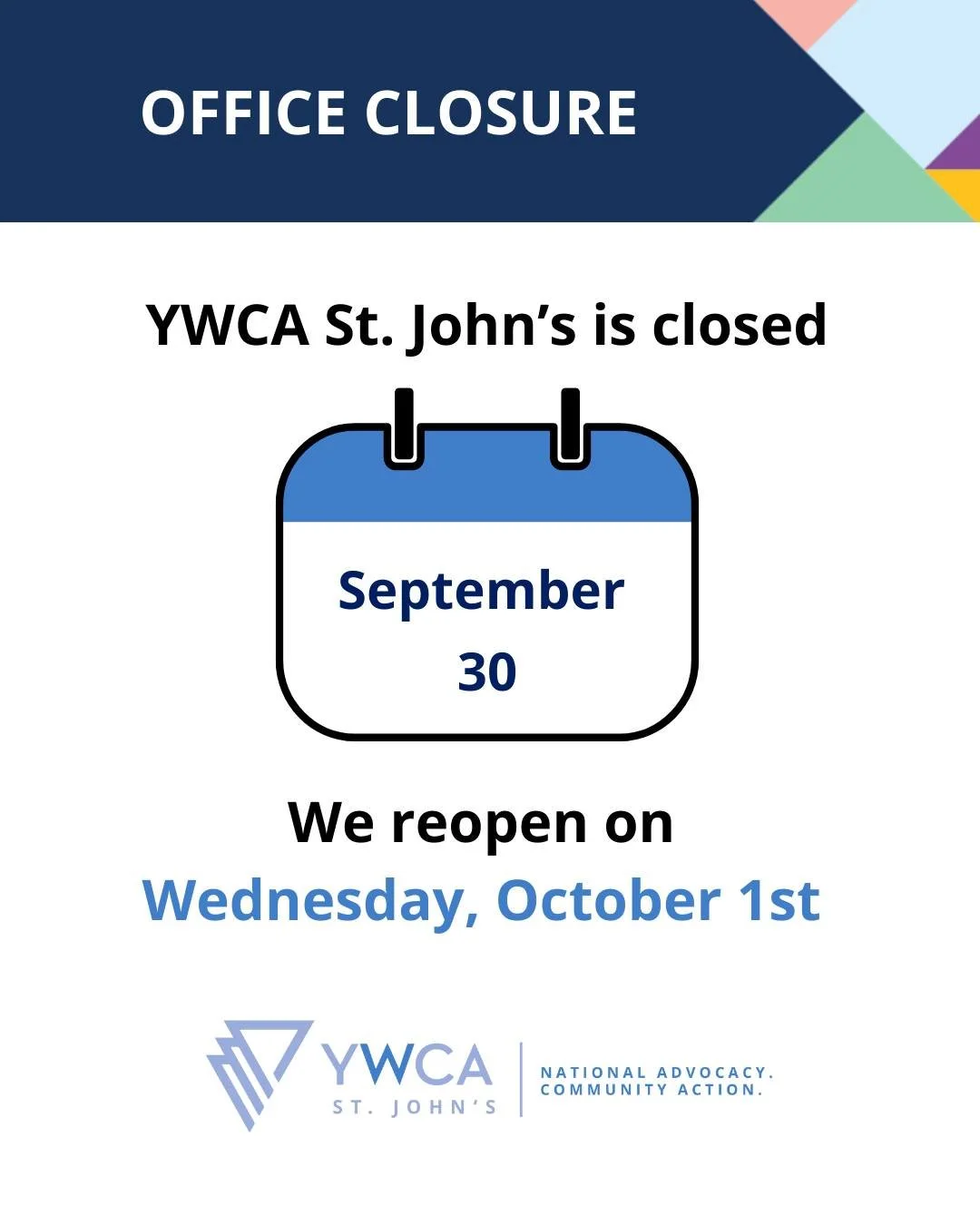 Please note the YWCA St. John’s offices will be closed on Tuesday, September 30th.
We will reopen on Wednesday, October 1st.