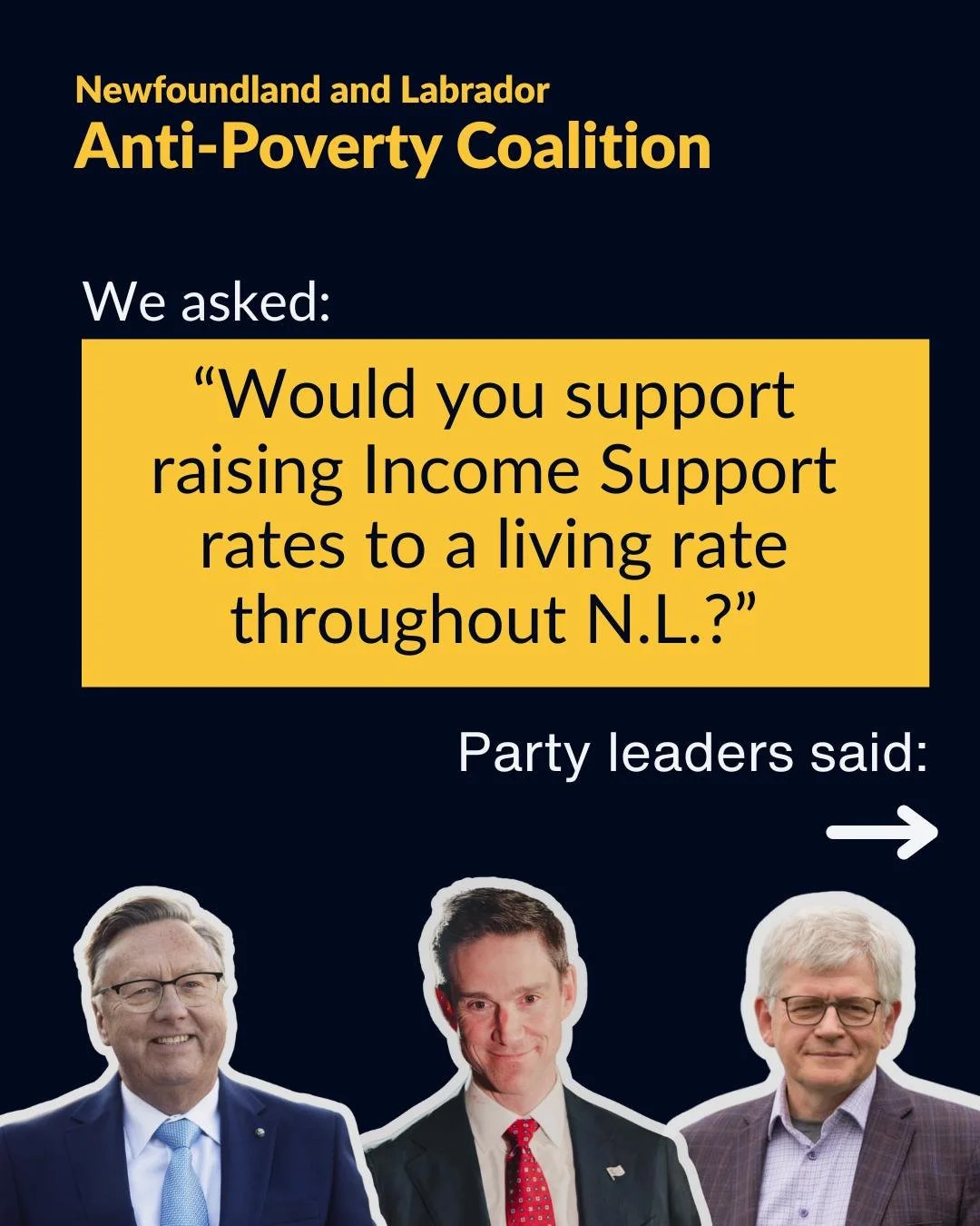 The NL Anti-Poverty Coalition asked party leaders: “Would you support raising Income Support rates to a living rate throughout N.L.?”
At the bare minimum, Income Support should bring recipients to or above the poverty line. That is not c