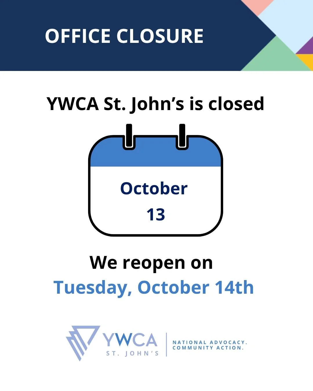 Please note the YWCA St. John’s offices will be closed on Monday, October 13th.
We will reopen on Tuesday, October 14th.