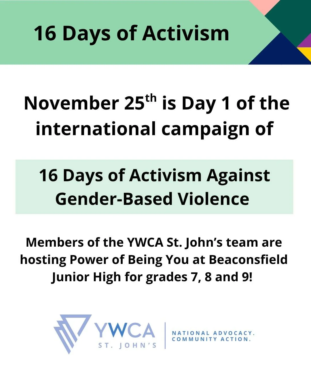 📣Today marks the start of 16 Days of Activism Against Gender-Based Violence and we're hosting Power of Being You at Beaconsfield Junior High. 

💬We'll be exploring topics rooted in violence prevention with students, including digital safety, anti-r