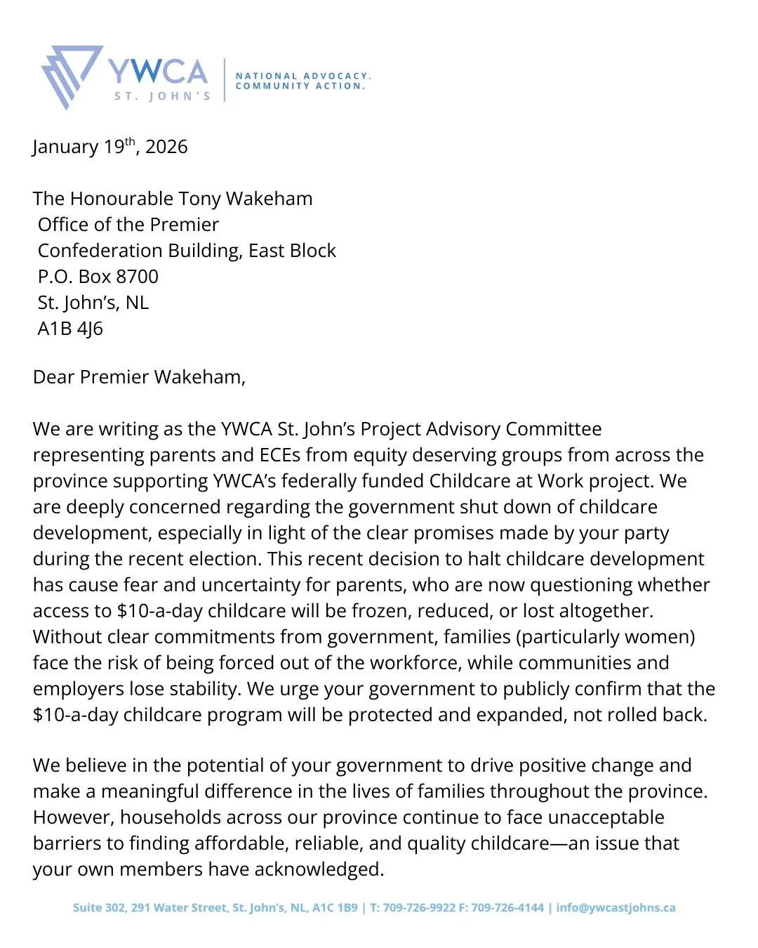 📣YWCA St. John&rsquo;s Project Advisory Committee, representing women and gender-diverse parents/guardians of equity deserving groups from across the province, wrote this letter expressing their concerns to the Premier over recent announcements that