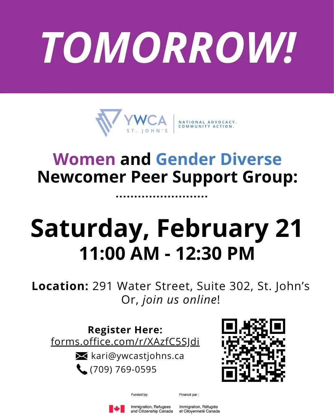 📢 Happening TOMORROW! Join our welcoming space for women and gender diverse newcomers to Canada. 

Did you know... we offer many flexible options to attend our Women and Gender Diverse Newcomer Peer Support Group! Whether you are available on a week