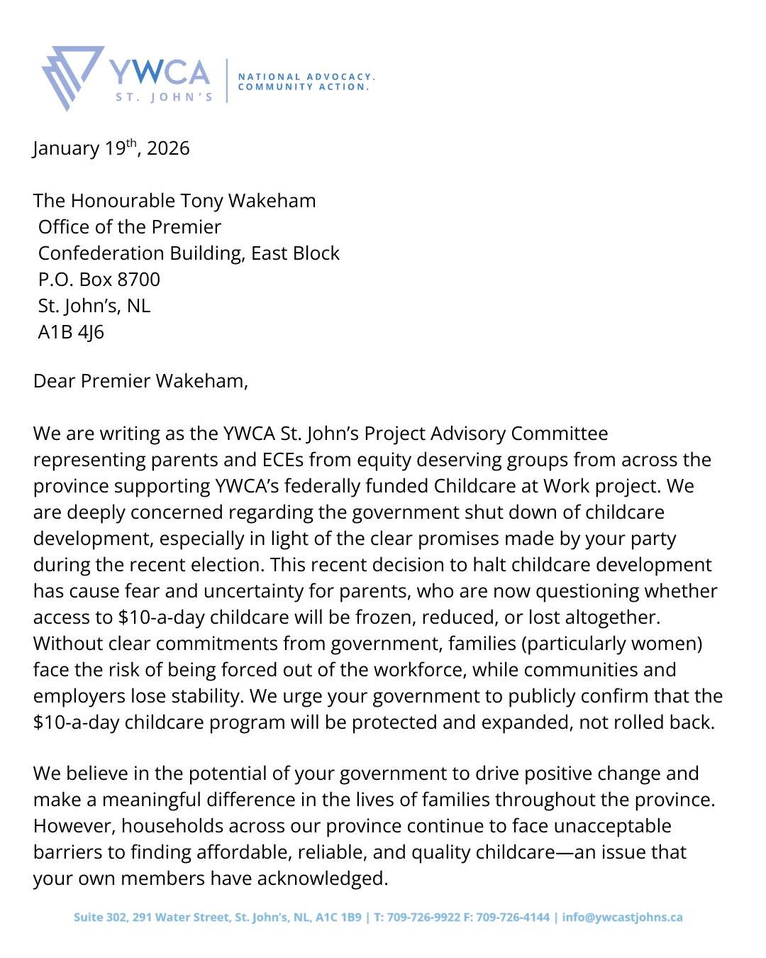 📣YWCA St. John&rsquo;s Project Advisory Committee, representing women and gender-diverse parents/guardians of equity deserving groups from across the province, wrote this letter expressing their concerns to the Premier over recent announcements that