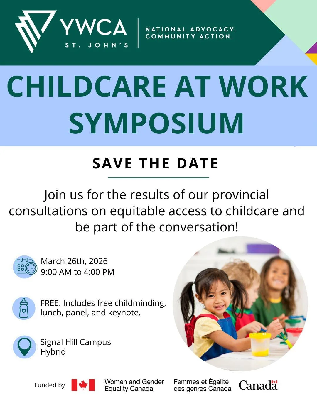 ✨SAVE THE DATE! ✨

📅Our Childcare At Work Symposium will take place on March 26th and we hope you'll join us! 

💬This event is FREE and will be available to attend in person at Signal Hill Campus OR online from anywhere in the province. Childmindin