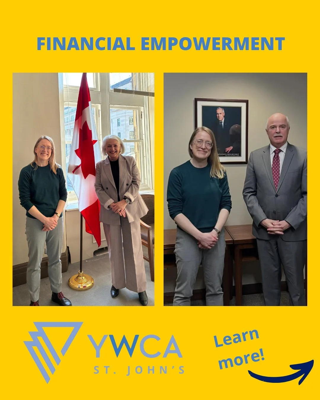 Thank you to Minister Thompson and MP Osborne meeting with YWCA St. John&rsquo;s Financial Empowerment Coordinator, Rosie Myers. We appreciated the opportunity to share the impact of our financial empowerment services in your constituencies.
 
Rosie 