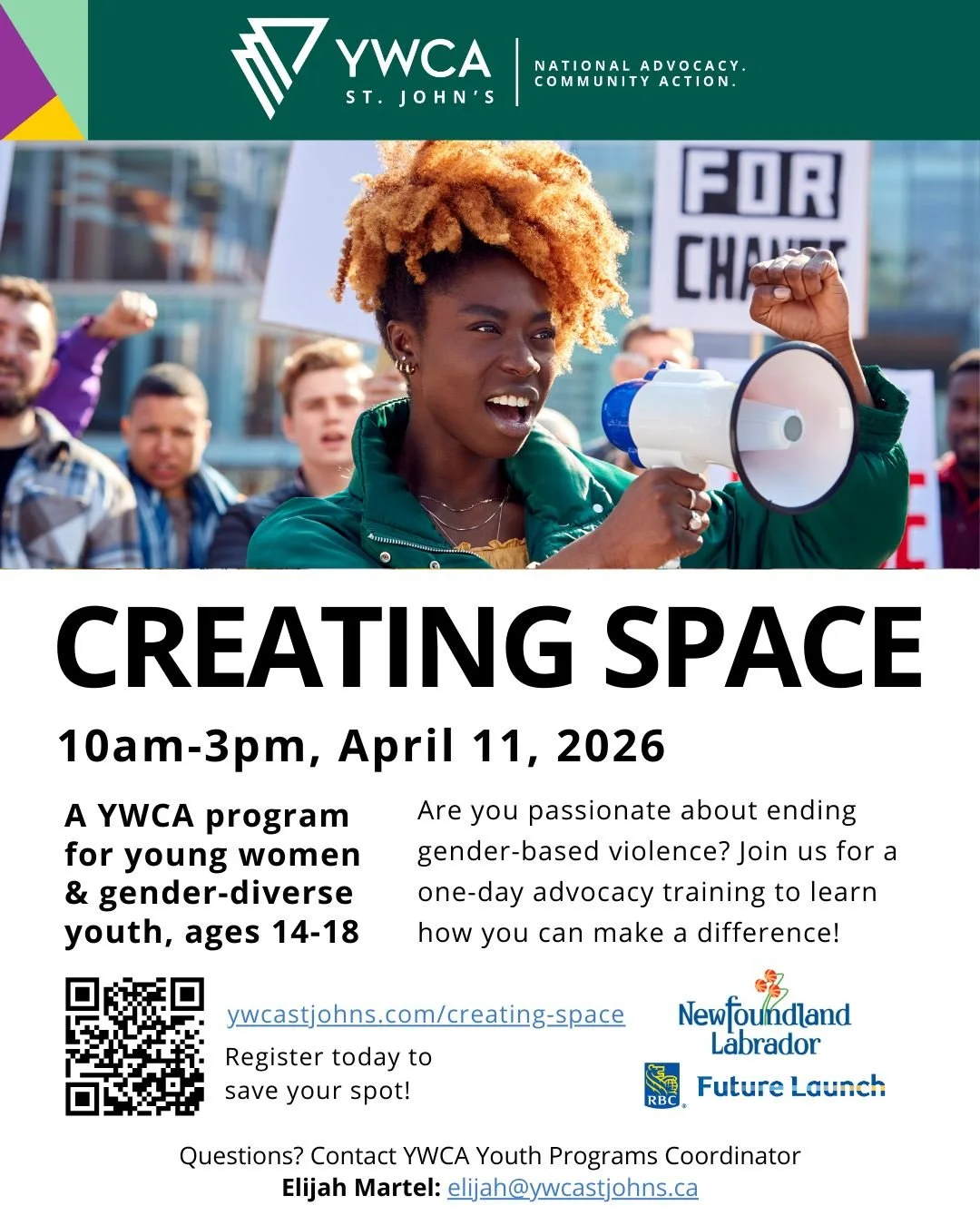 Are you passionate about ending gender-based violence? Join us for a one-day advocacy training to learn how you can make a difference! 📢

Creating Space is a YWCA St. John's program for young women and gender-diverse youth, ages 14-18. We'll talk ab