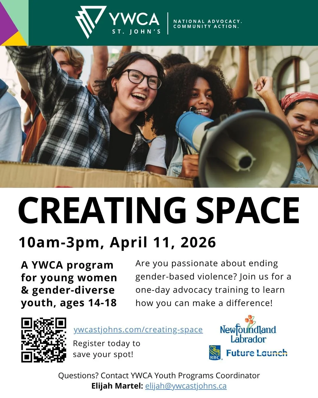 Are you passionate about ending gender-based violence? Join us for a one-day advocacy training to learn how you can make a difference! 📢

Creating Space is a YWCA St. John's program for young women and gender-diverse youth, ages 14-18. We'll talk ab
