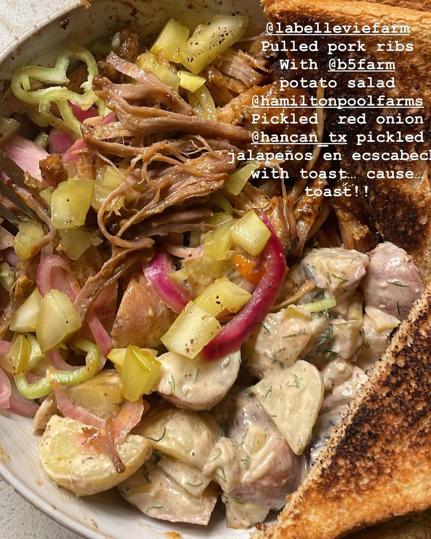 Tangy, sweet, hot.. pulled pork. Mustard, vinegar, raw cane sugar.. fermented chiles, onion and sweet peppers. Creamy, smokey, dill potato salad.. toasted white bread.. it&rsquo;s pretty good.
@labelleviefarm @b5farm @hamiltonpoolfarms @hancan_tx